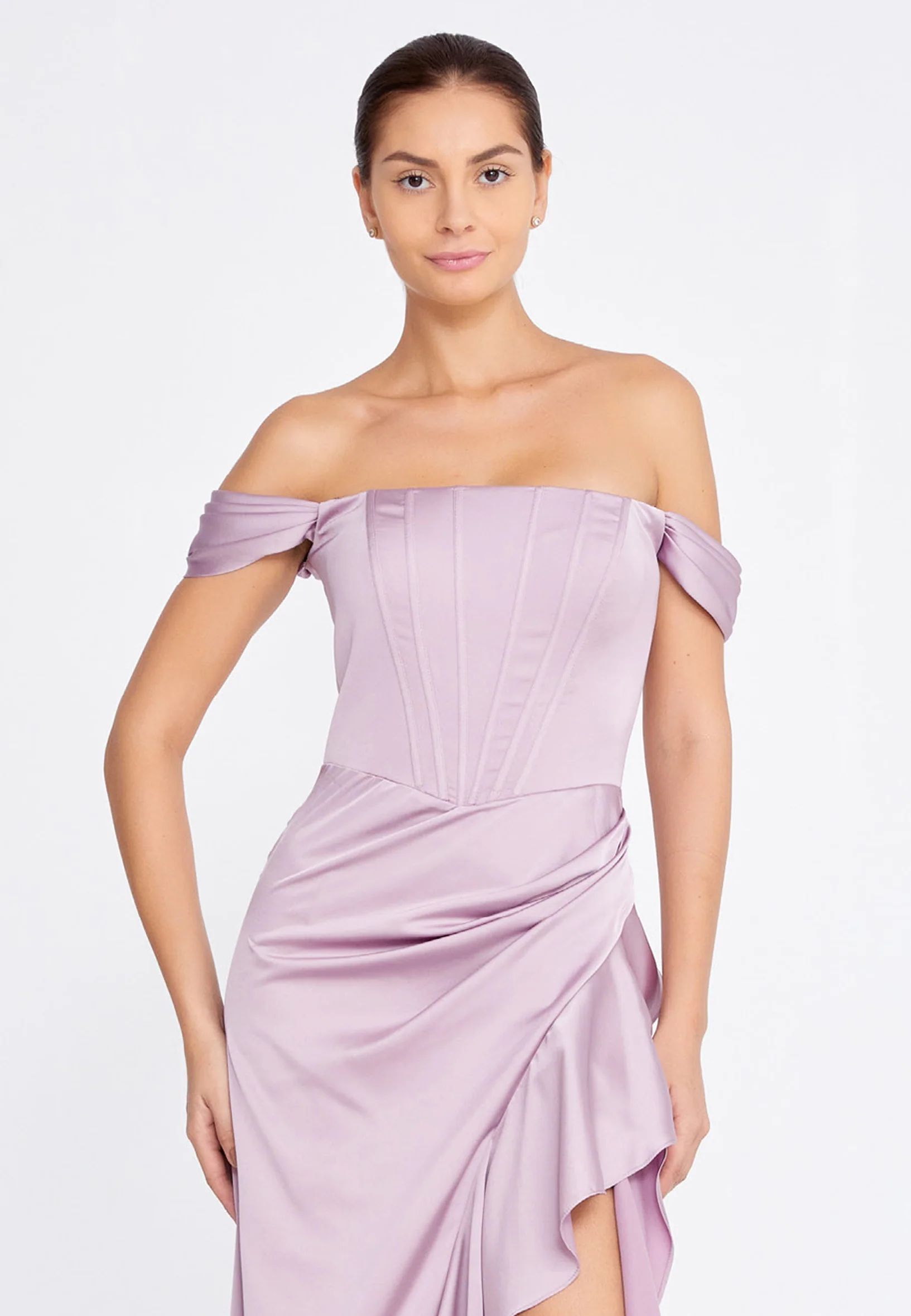 Off Shoulder Maxi Satin Column Regular Wedding Guest Dress ses2520 - Image 8