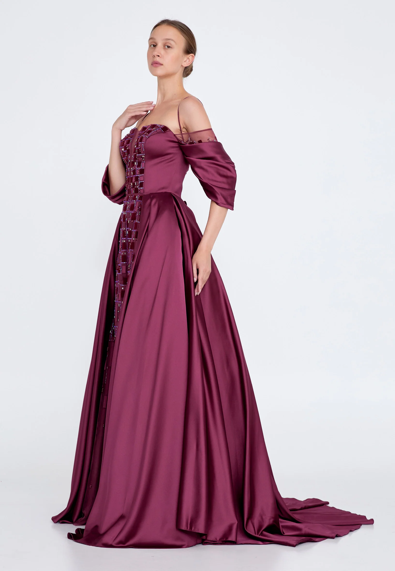 Off Shoulder Maxi Satin Gown Regular Prom Dress knz3102 - Image 15