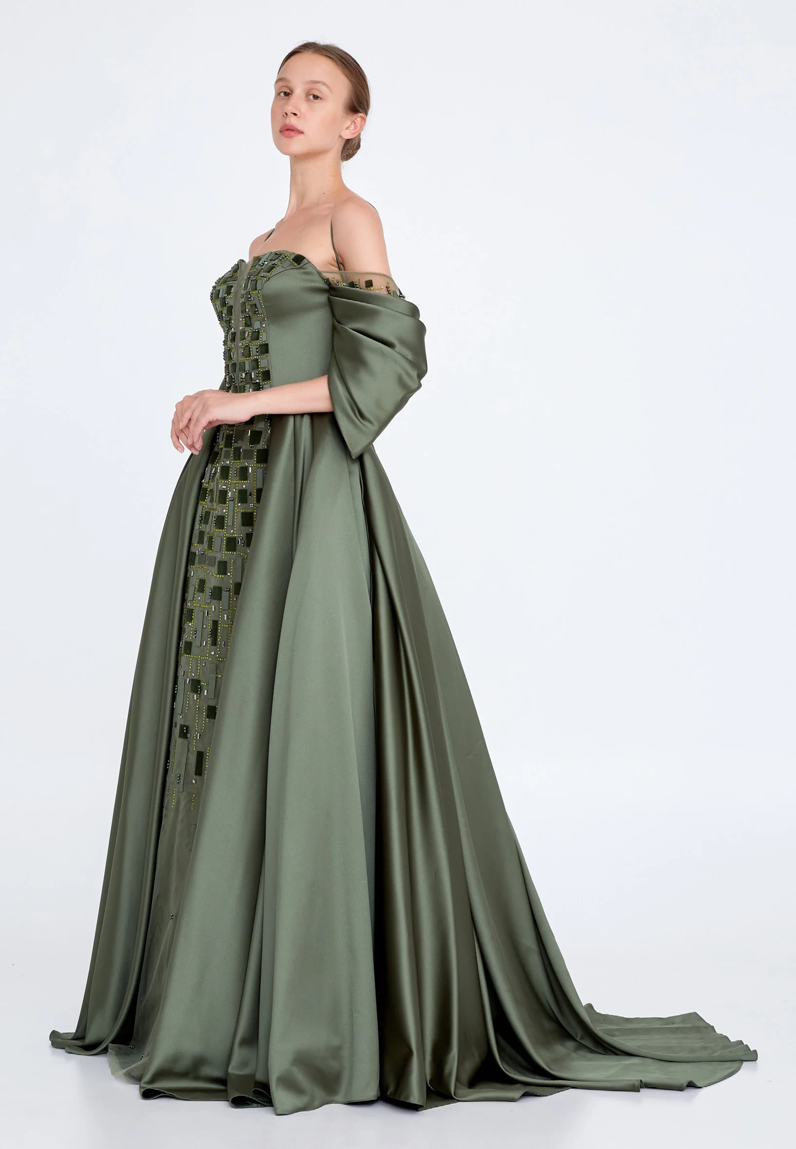 Off Shoulder Maxi Satin Gown Regular Prom Dress knz3102 - Image 3