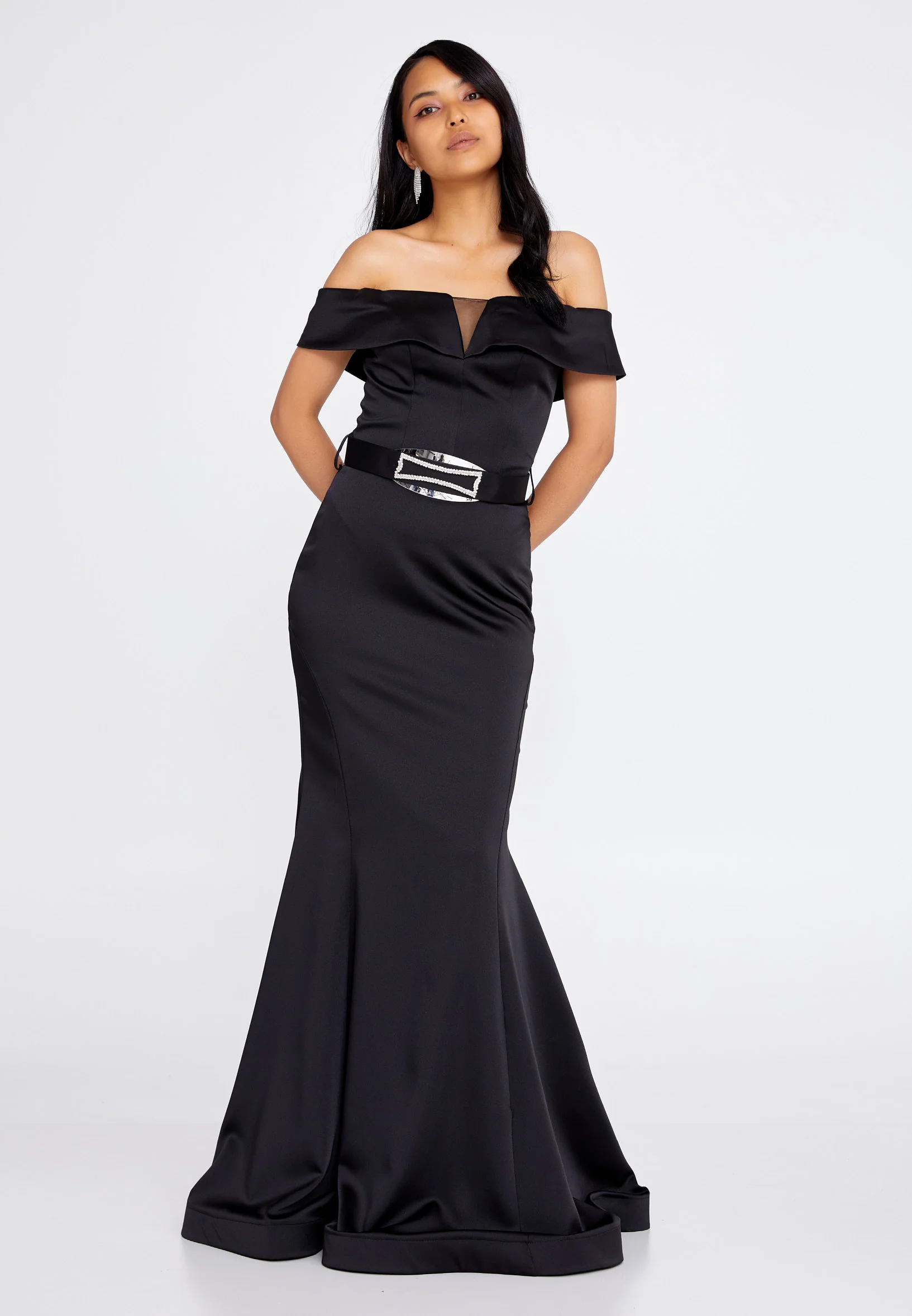 Off Shoulder Maxi Satin Mermaid Regular Wedding Guest Dress srn9016