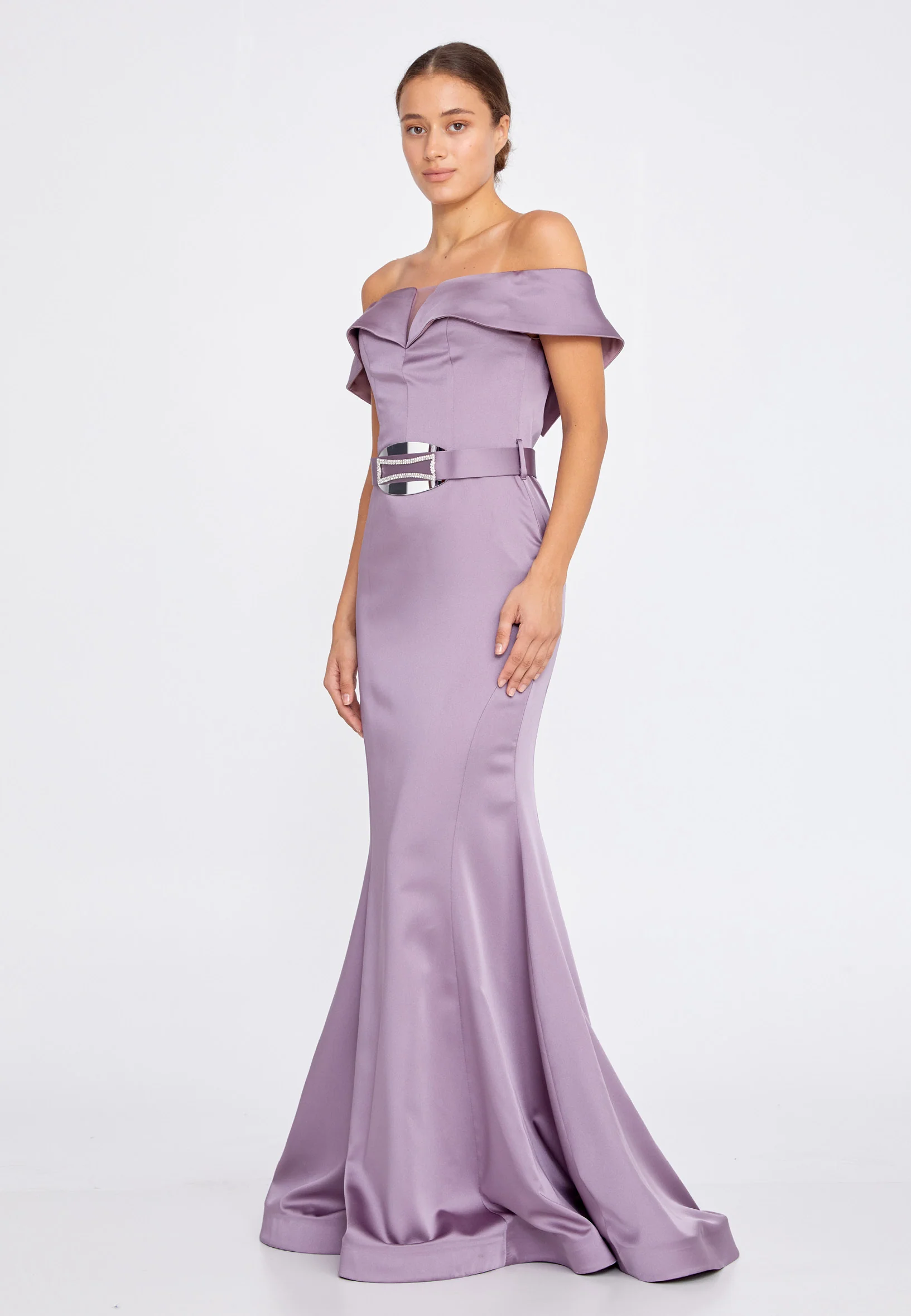 Off Shoulder Maxi Satin Mermaid Regular Wedding Guest Dress srn9016 - Image 11