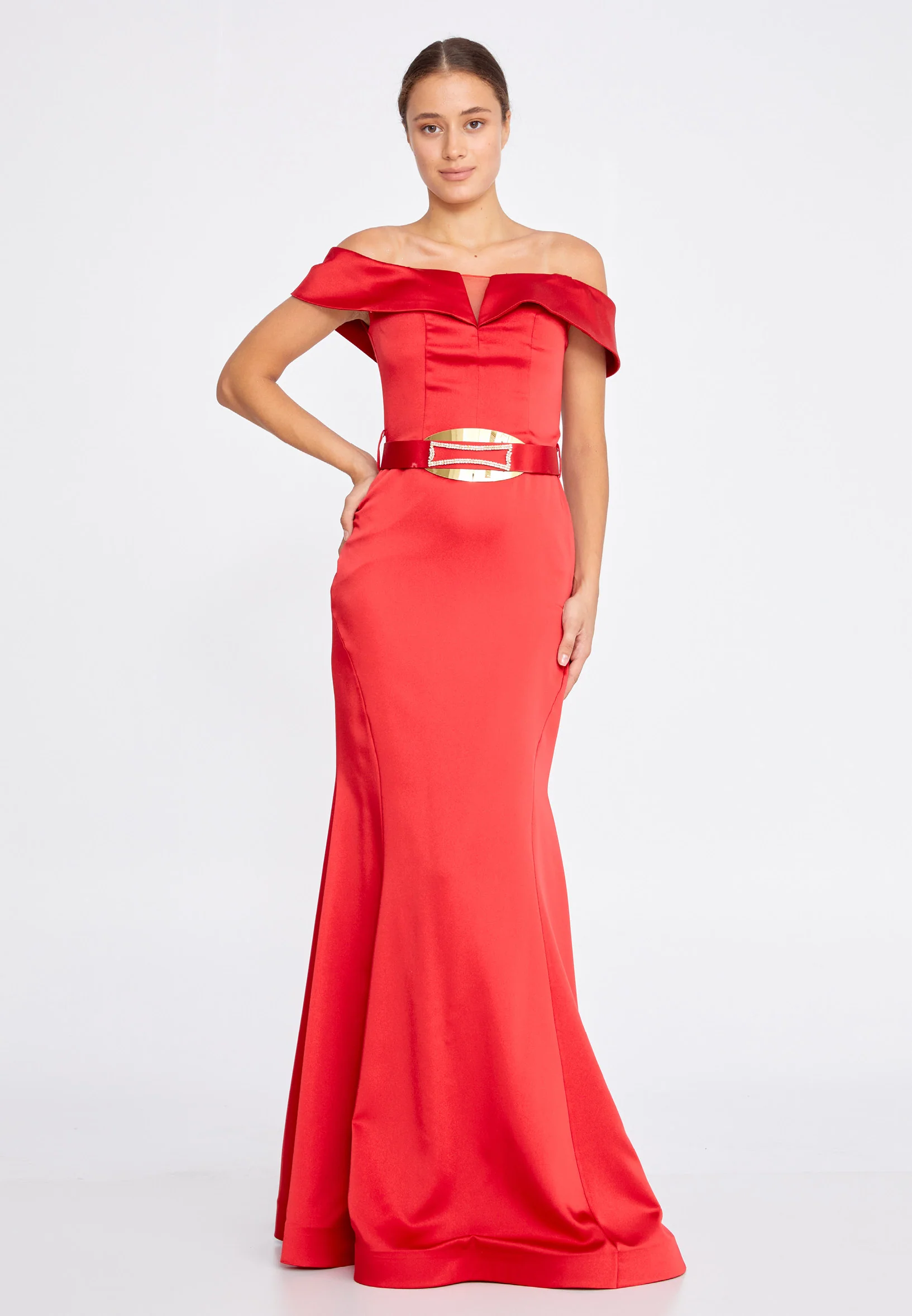 Off Shoulder Maxi Satin Mermaid Regular Wedding Guest Dress srn9016 - Image 17