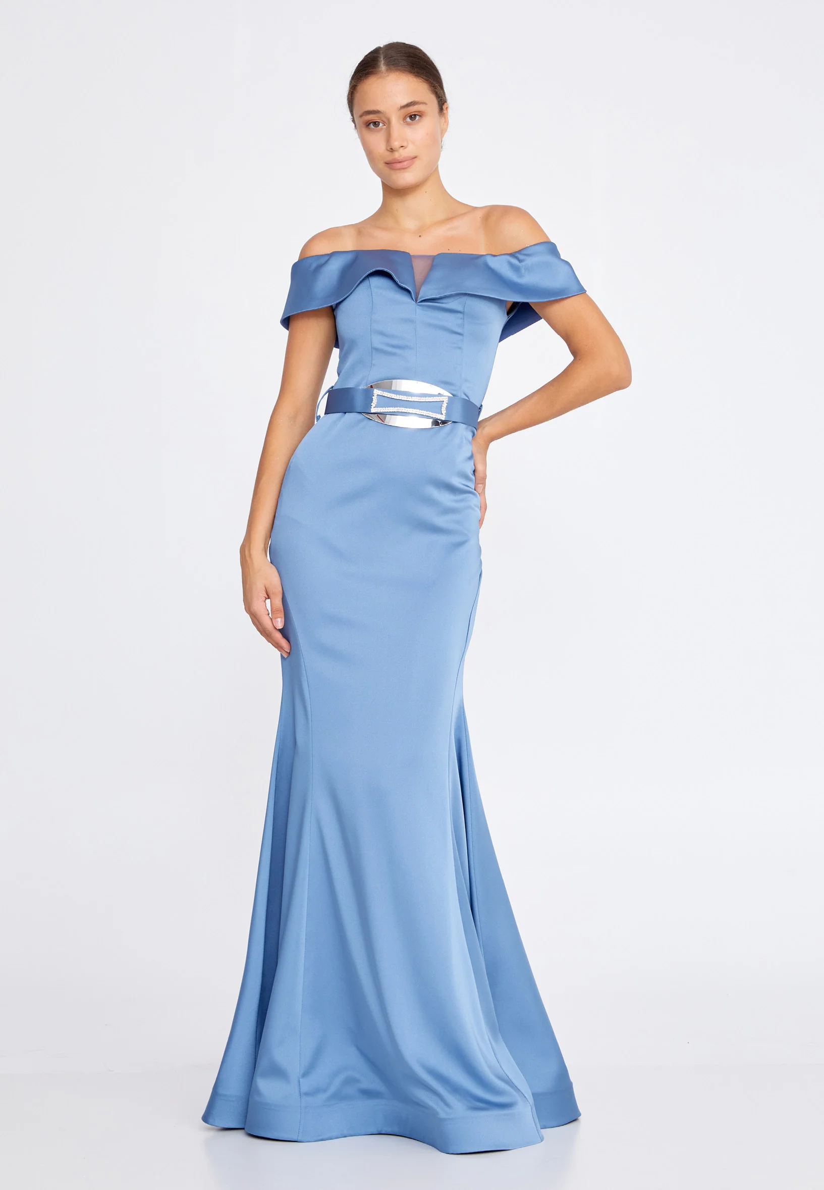 Off Shoulder Maxi Satin Mermaid Regular Wedding Guest Dress srn9016 - Image 5