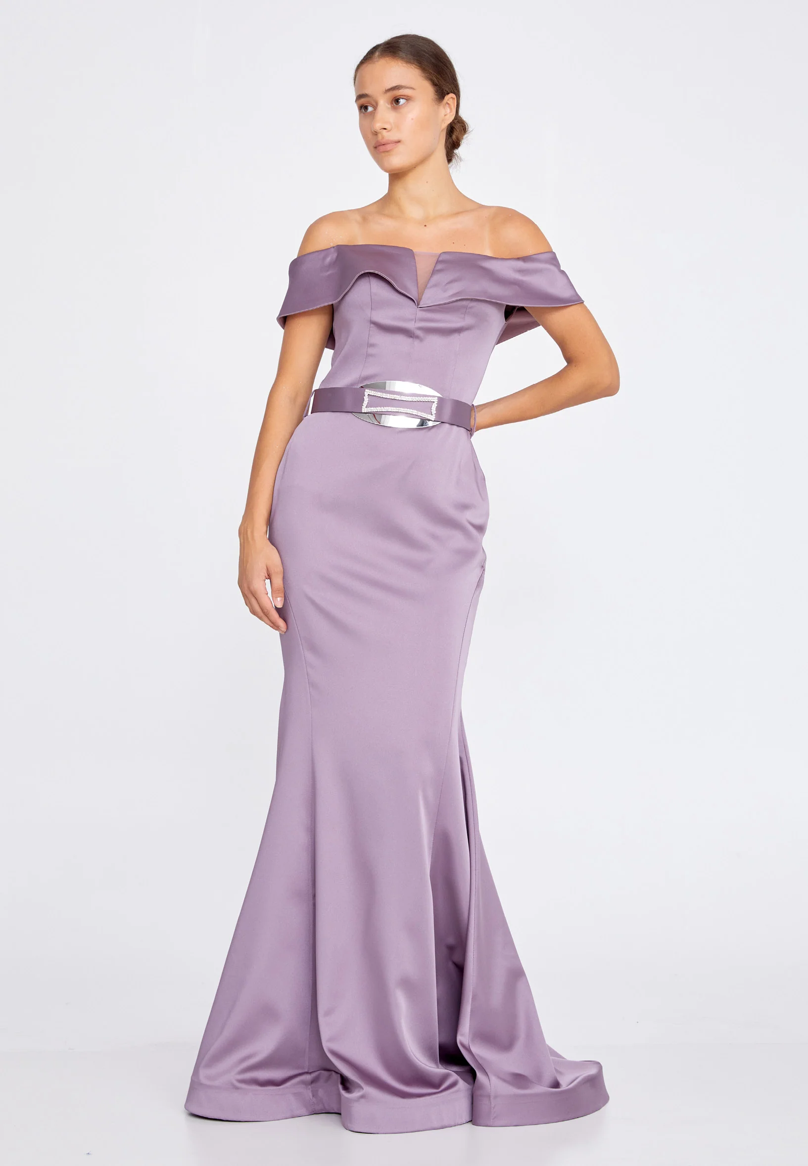 Off Shoulder Maxi Satin Mermaid Regular Wedding Guest Dress srn9016 - Image 9