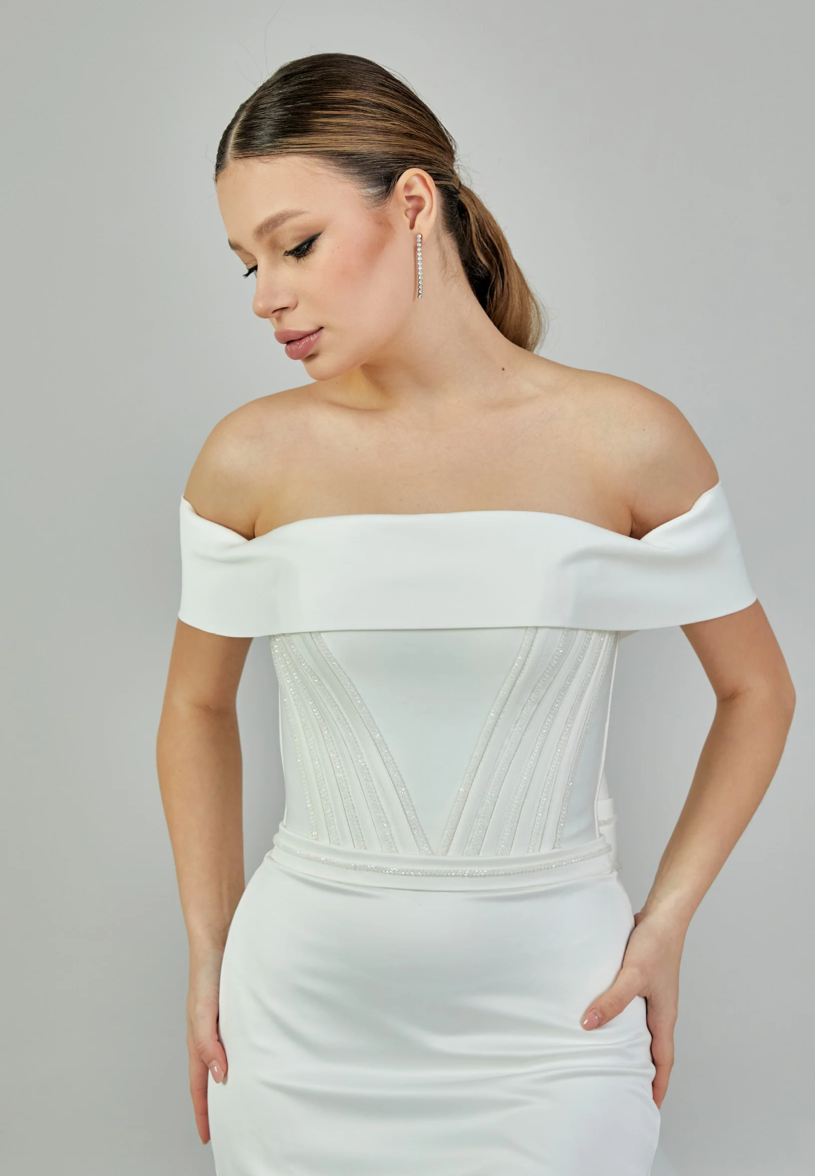 Off Shoulder Maxi Satin Regular Wedding Dress bnc9056 - Image 3