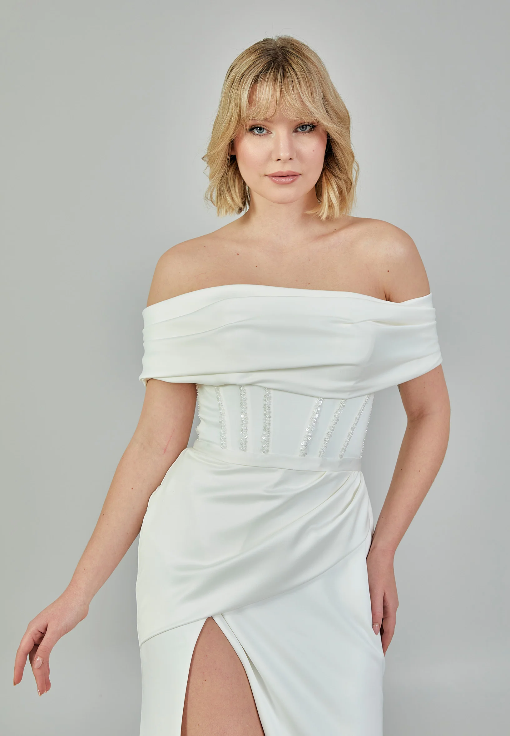 Off Shoulder Maxi Satin Regular Wedding Dress bnc9099 - Image 2