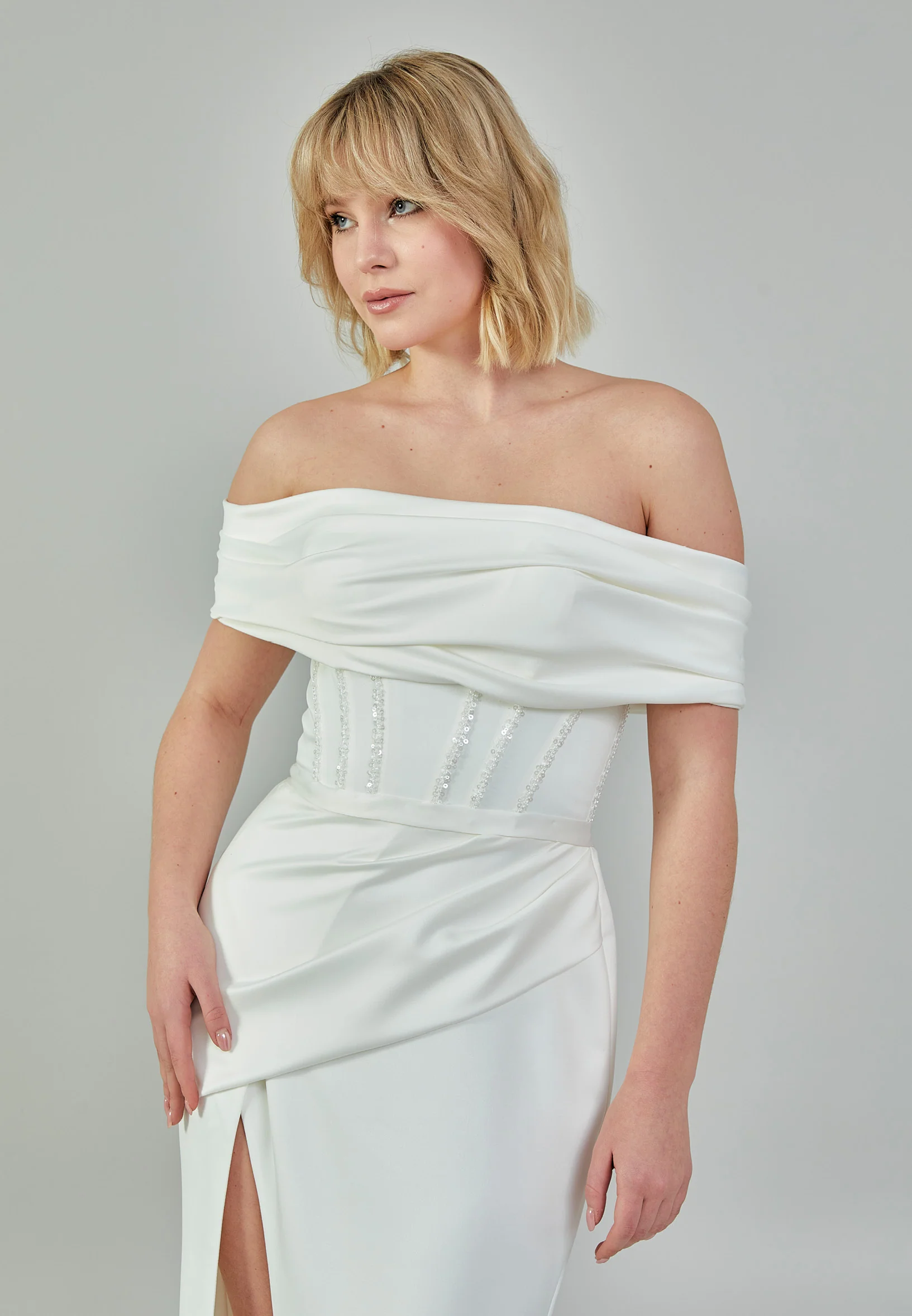 Off Shoulder Maxi Satin Regular Wedding Dress bnc9099 - Image 3
