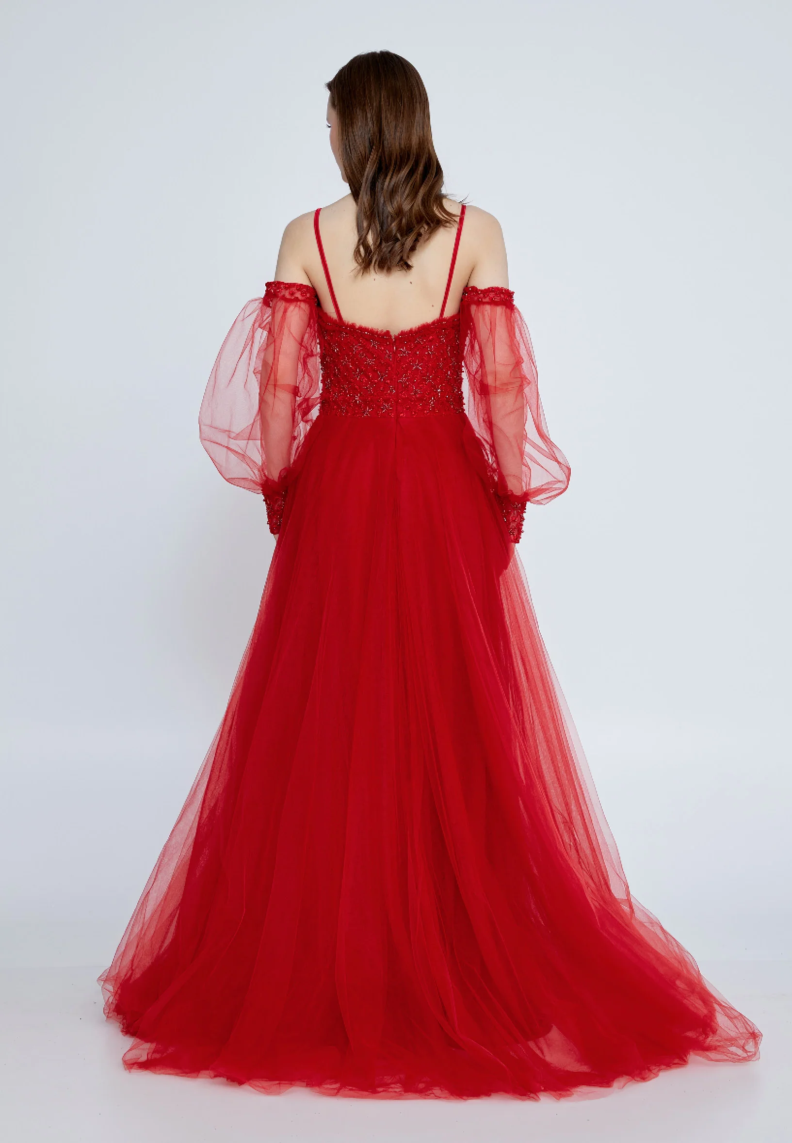 Off Shoulder Maxi Tulle A - Line Regular Prom Dress aln1382-1 - Image 2