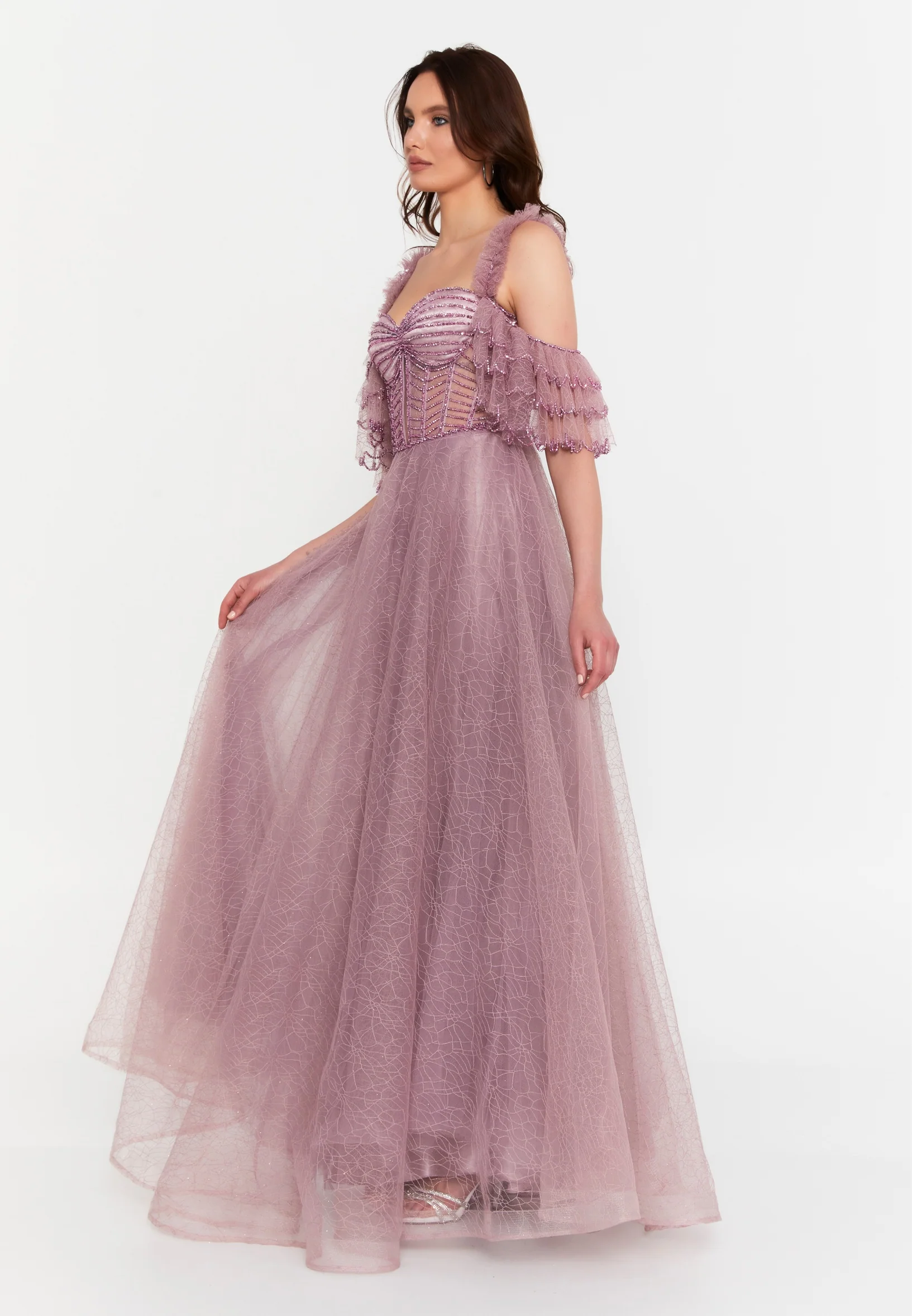 Off Shoulder Maxi Tulle A - Line Regular Prom Dress aln1571 - Image 10