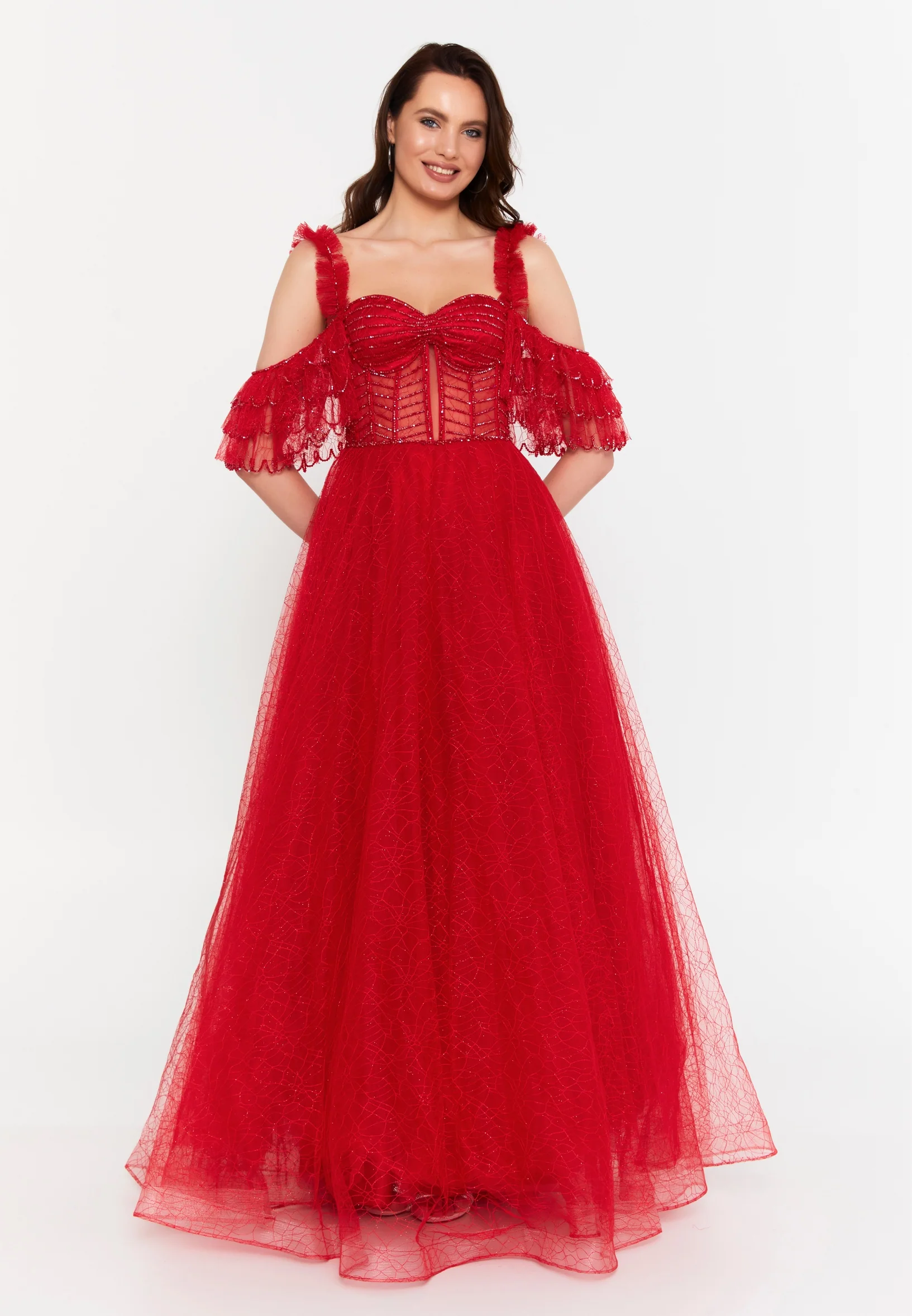 Off Shoulder Maxi Tulle A - Line Regular Prom Dress aln1571 - Image 20