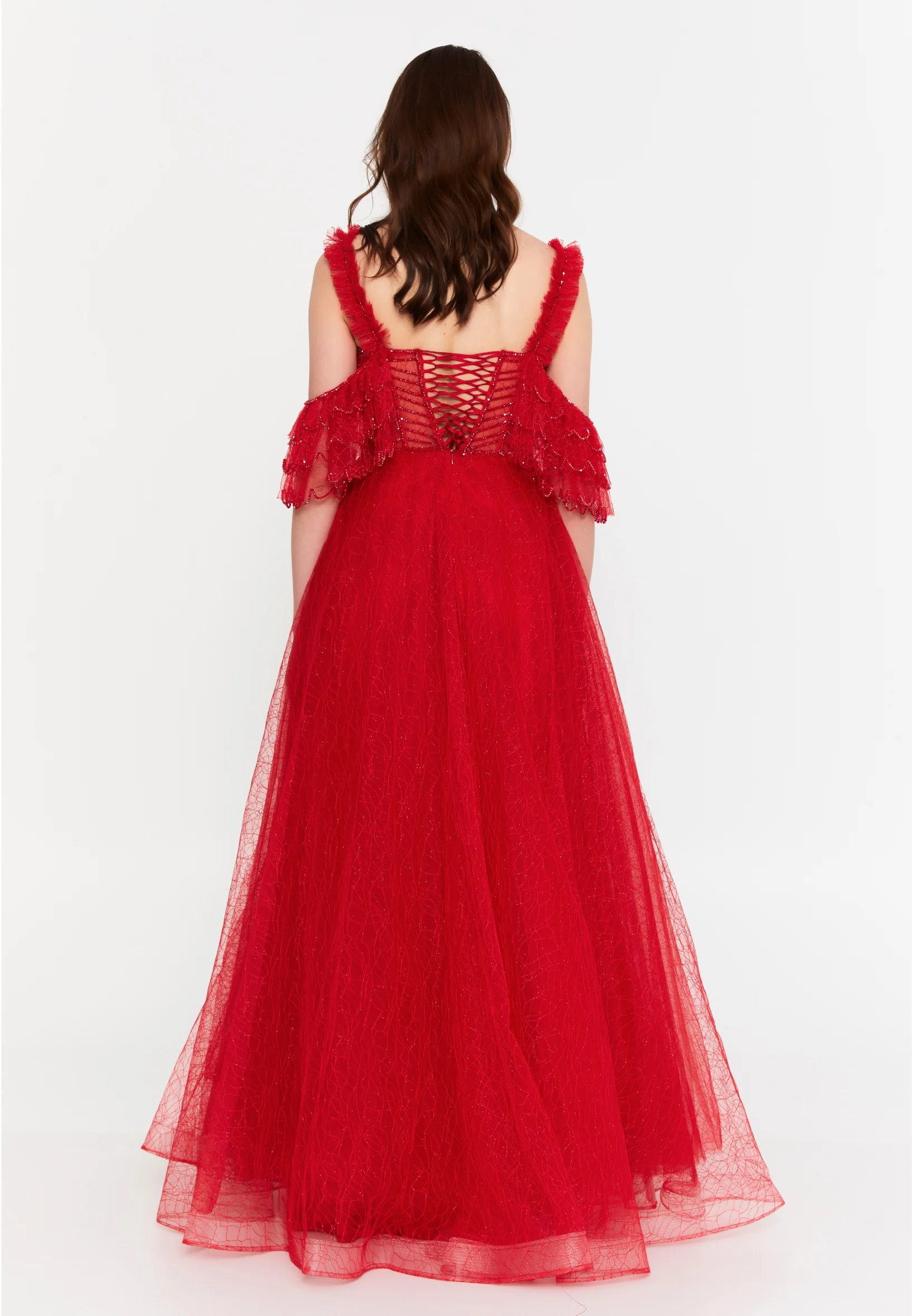 Off Shoulder Maxi Tulle A - Line Regular Prom Dress aln1571 - Image 21