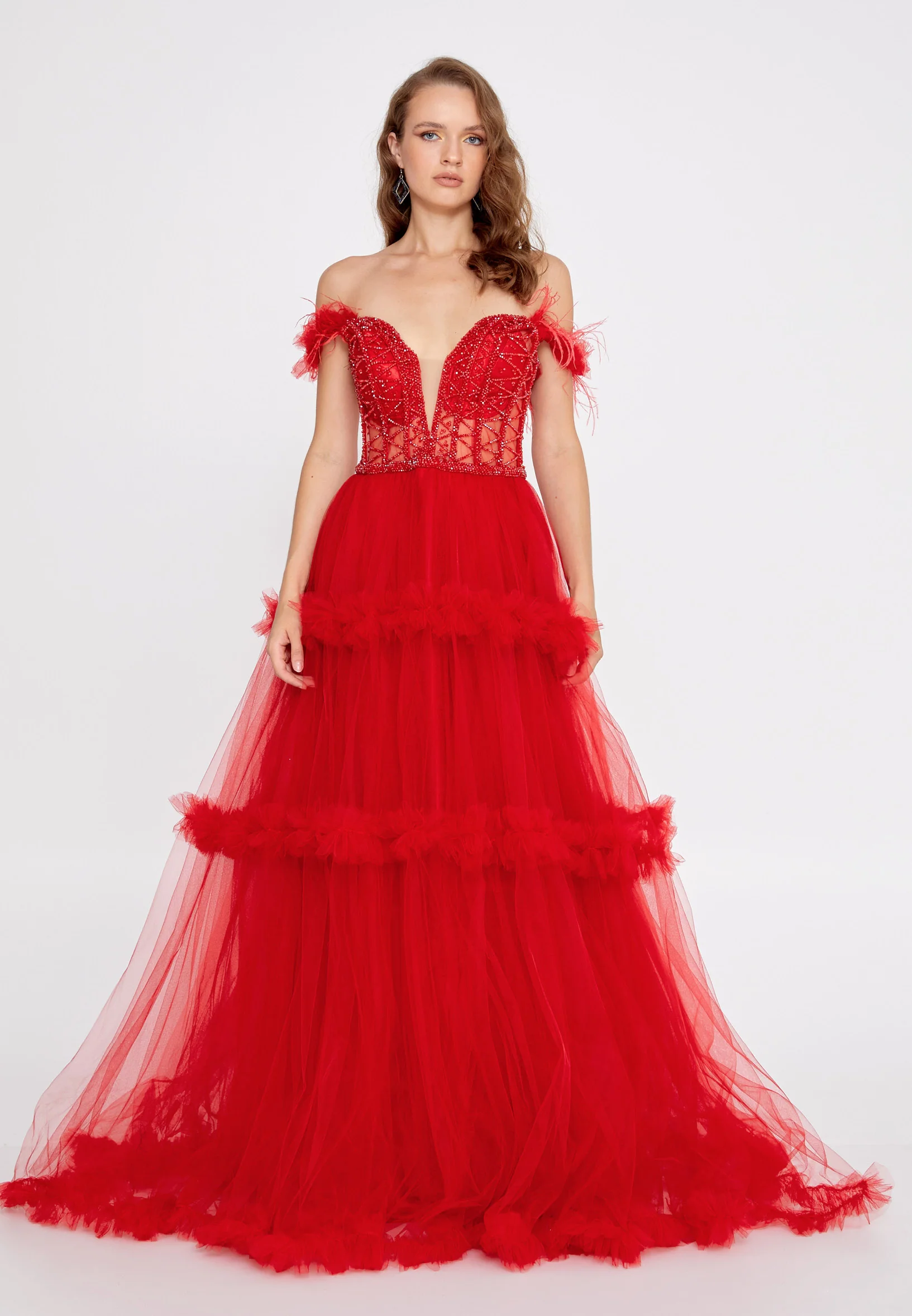 Off Shoulder Maxi Tulle A - Line Regular Prom Dress aln1676 - Image 15