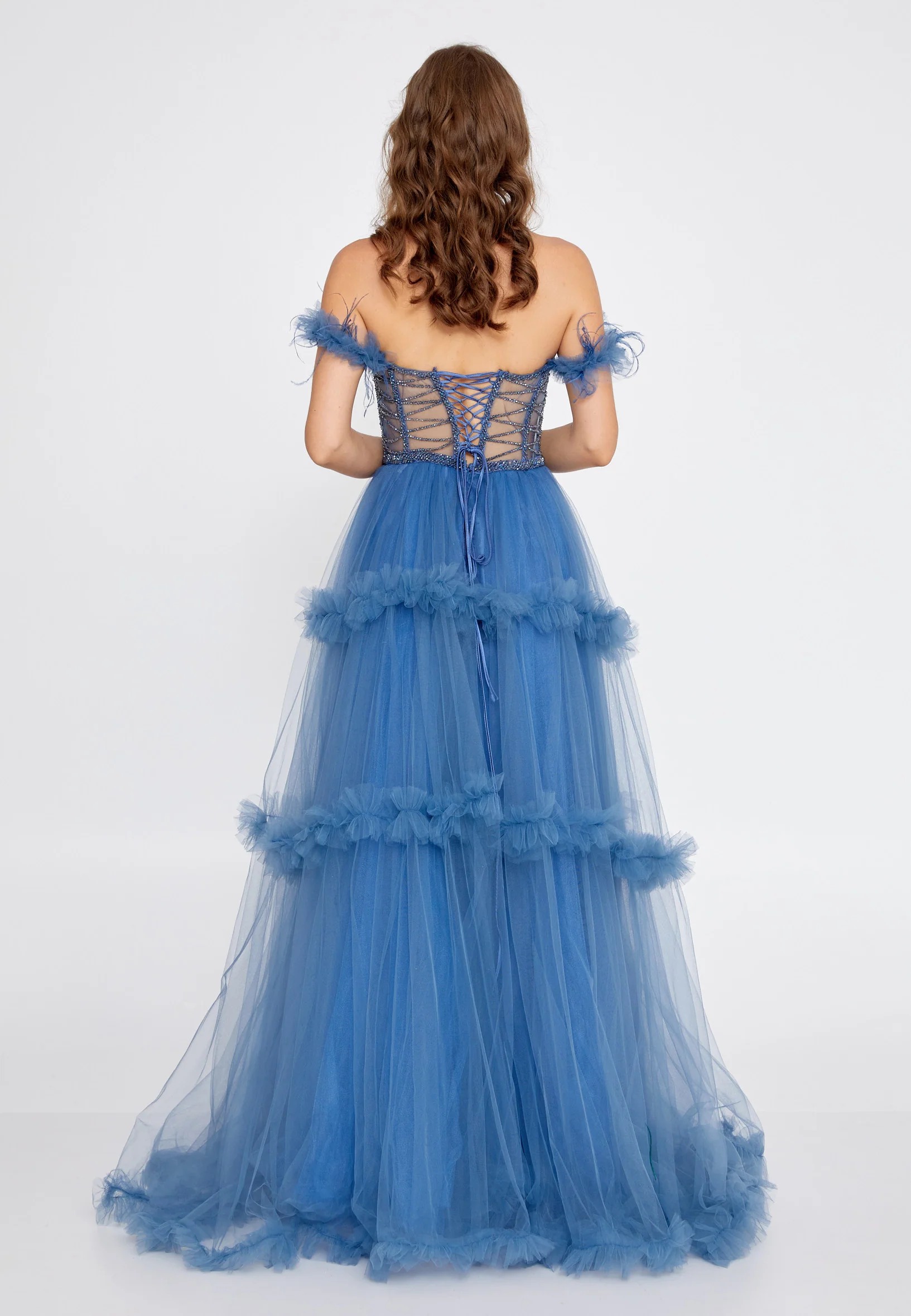 Off Shoulder Maxi Tulle A - Line Regular Prom Dress aln1676 - Image 6