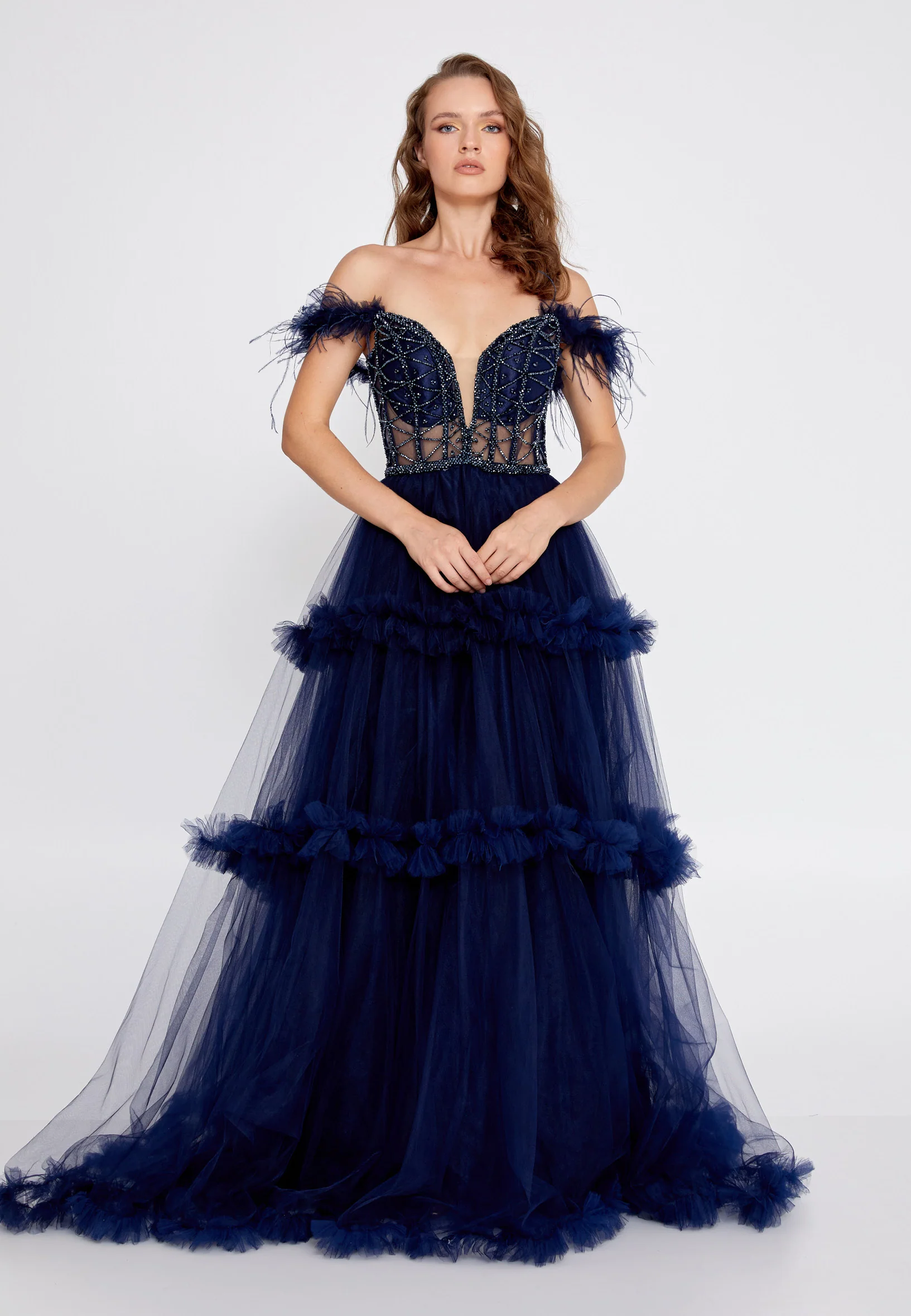Off Shoulder Maxi Tulle A - Line Regular Prom Dress aln1676 - Image 9