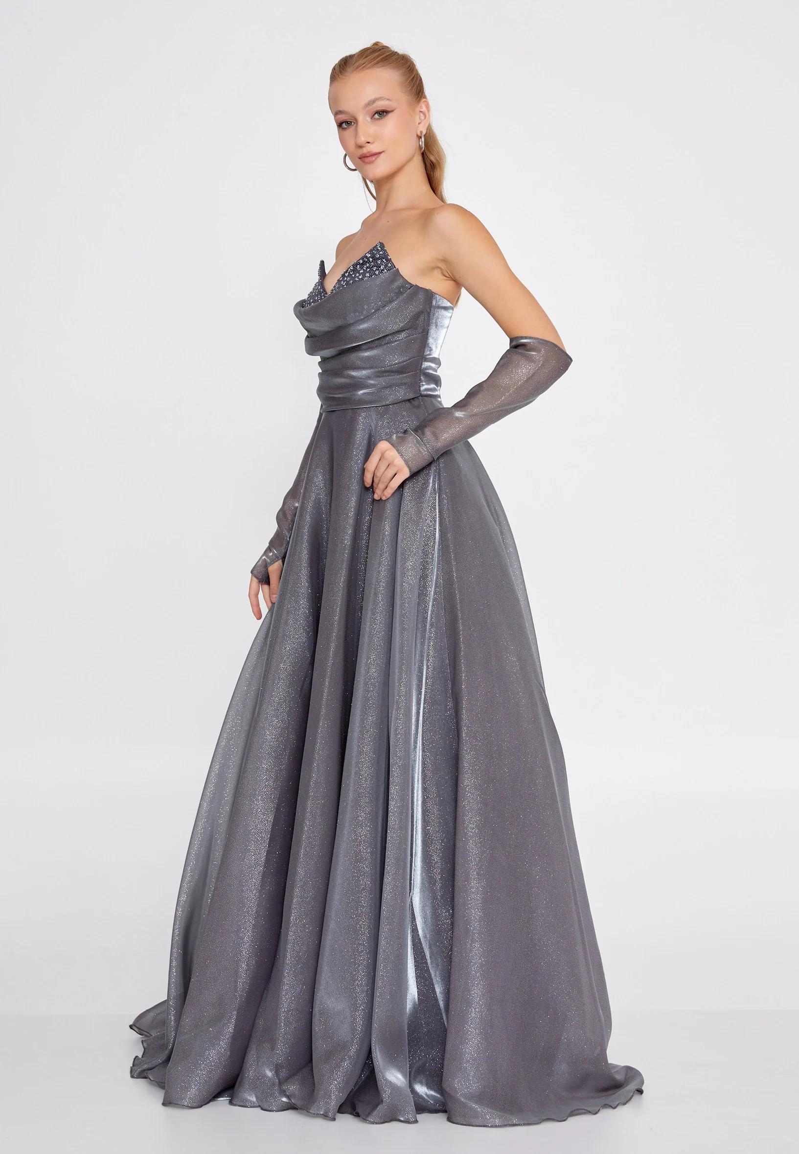 Off Shoulder Maxi Tulle A - Line Regular Prom Dress aln1692 - Image 3