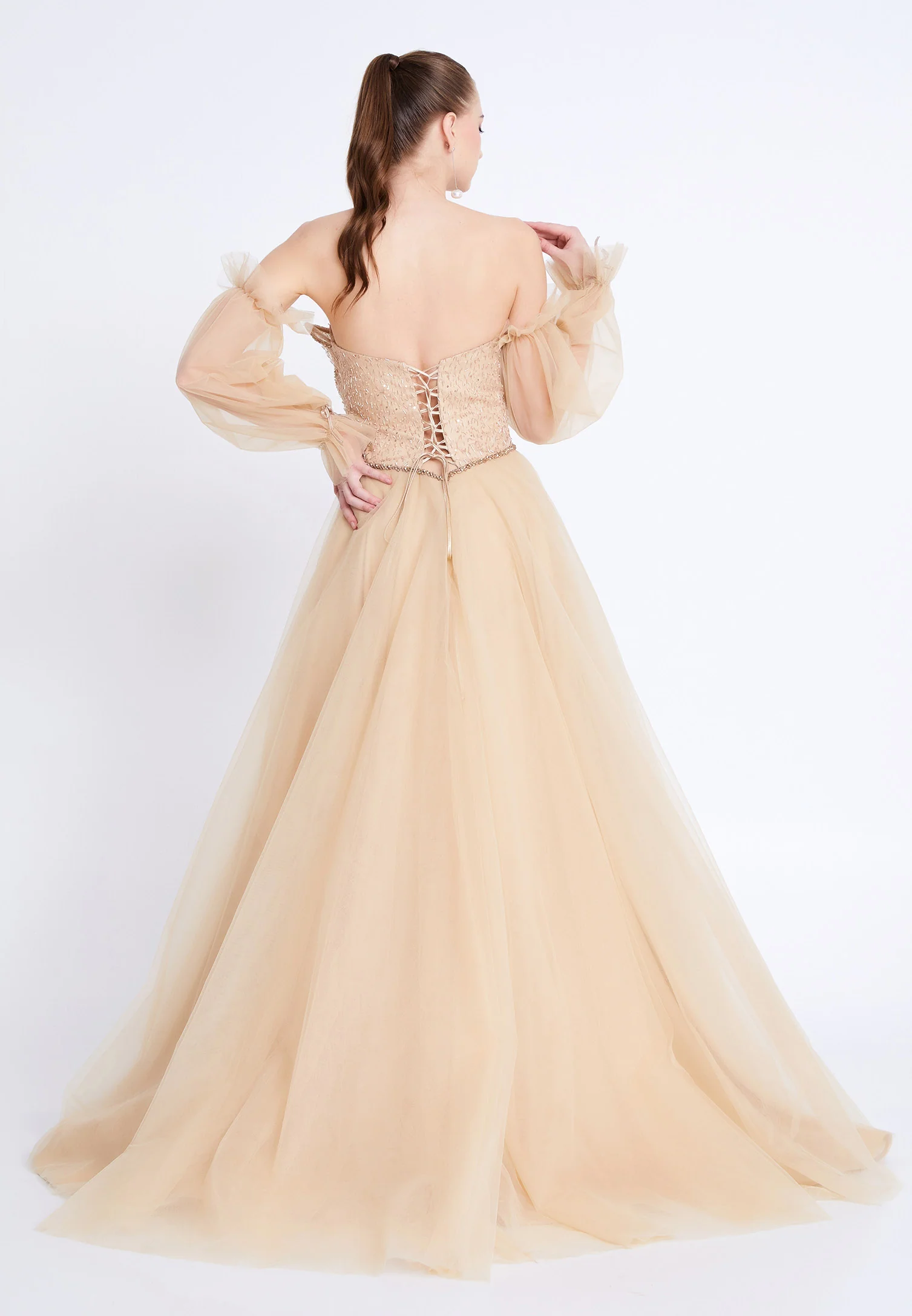 Off Shoulder Maxi Tulle A - Line Regular Prom Dress aln1883 - Image 10