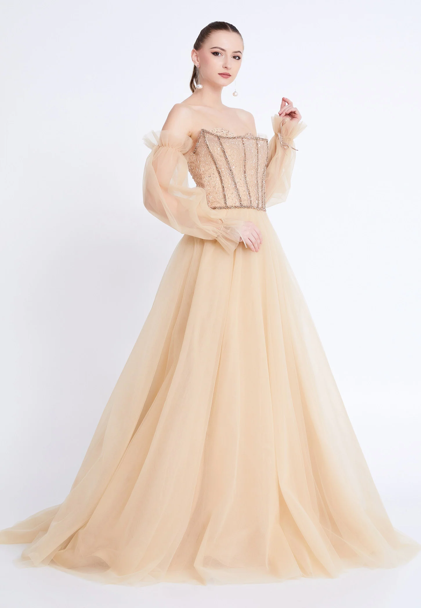 Off Shoulder Maxi Tulle A - Line Regular Prom Dress aln1883 - Image 11