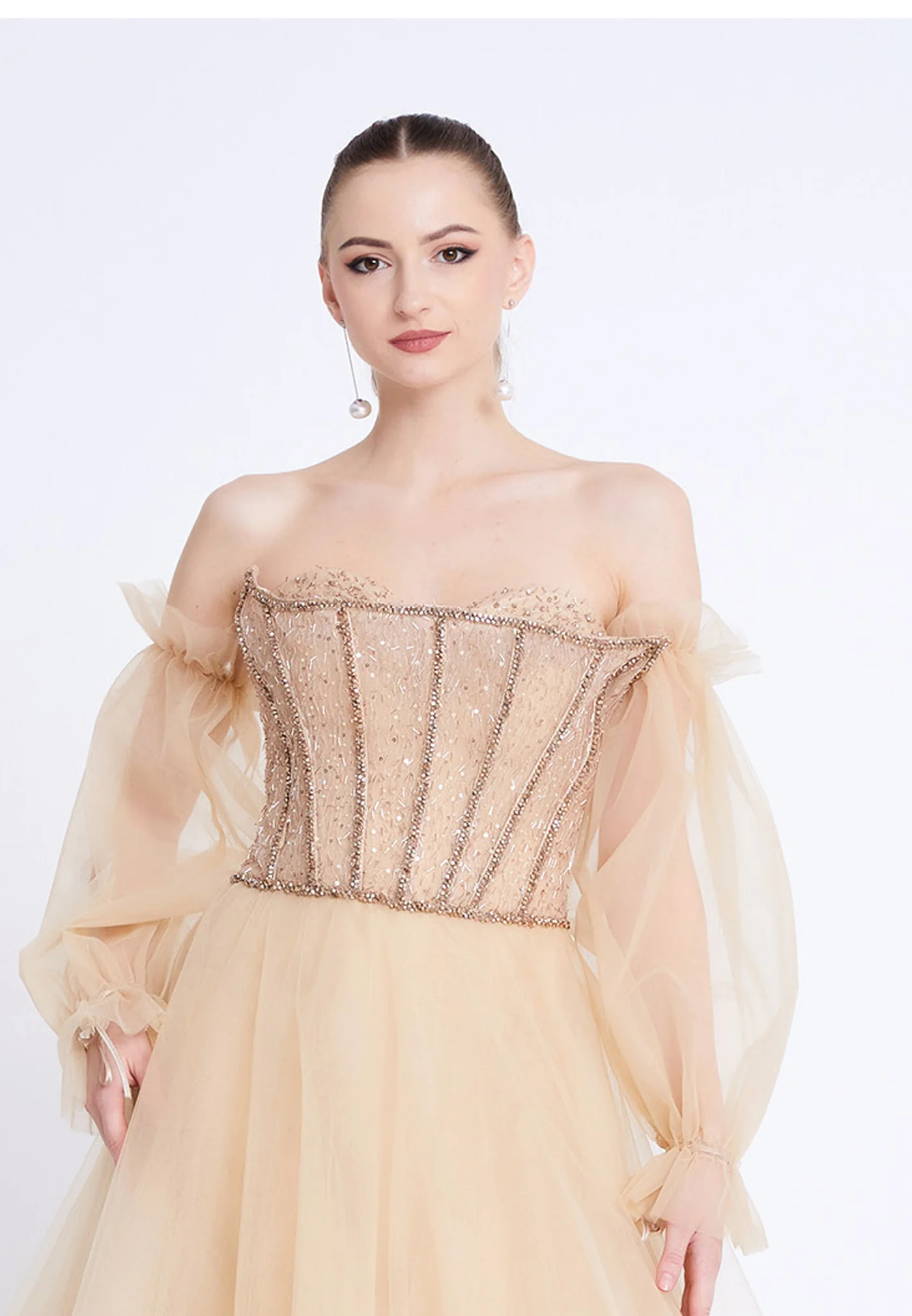Off Shoulder Maxi Tulle A - Line Regular Prom Dress aln1883 - Image 12