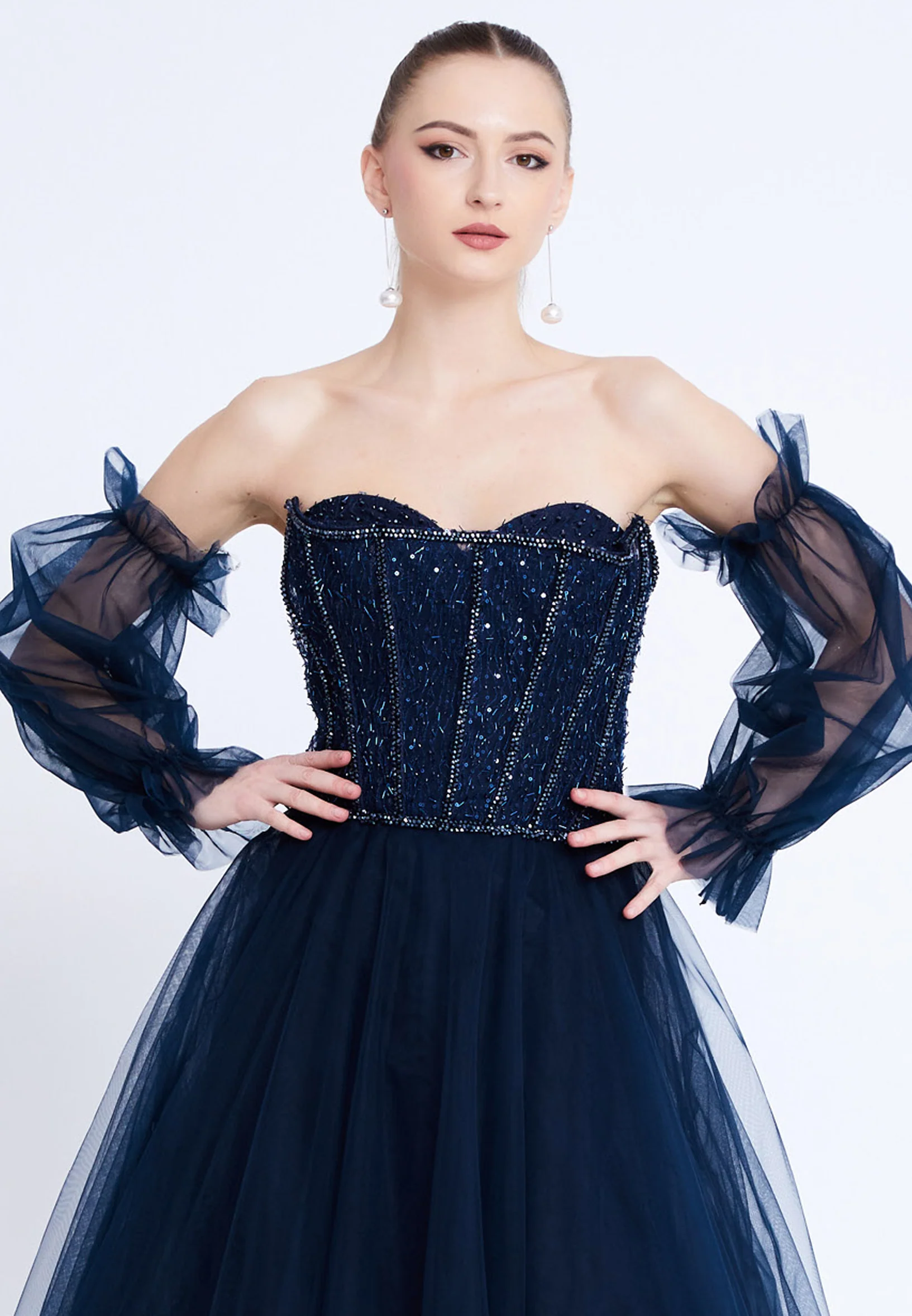Off Shoulder Maxi Tulle A - Line Regular Prom Dress aln1883 - Image 16