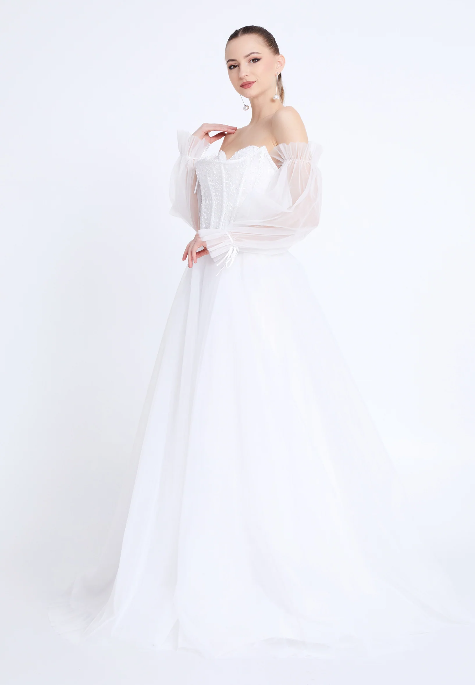 Off Shoulder Maxi Tulle A - Line Regular Prom Dress aln1883 - Image 19