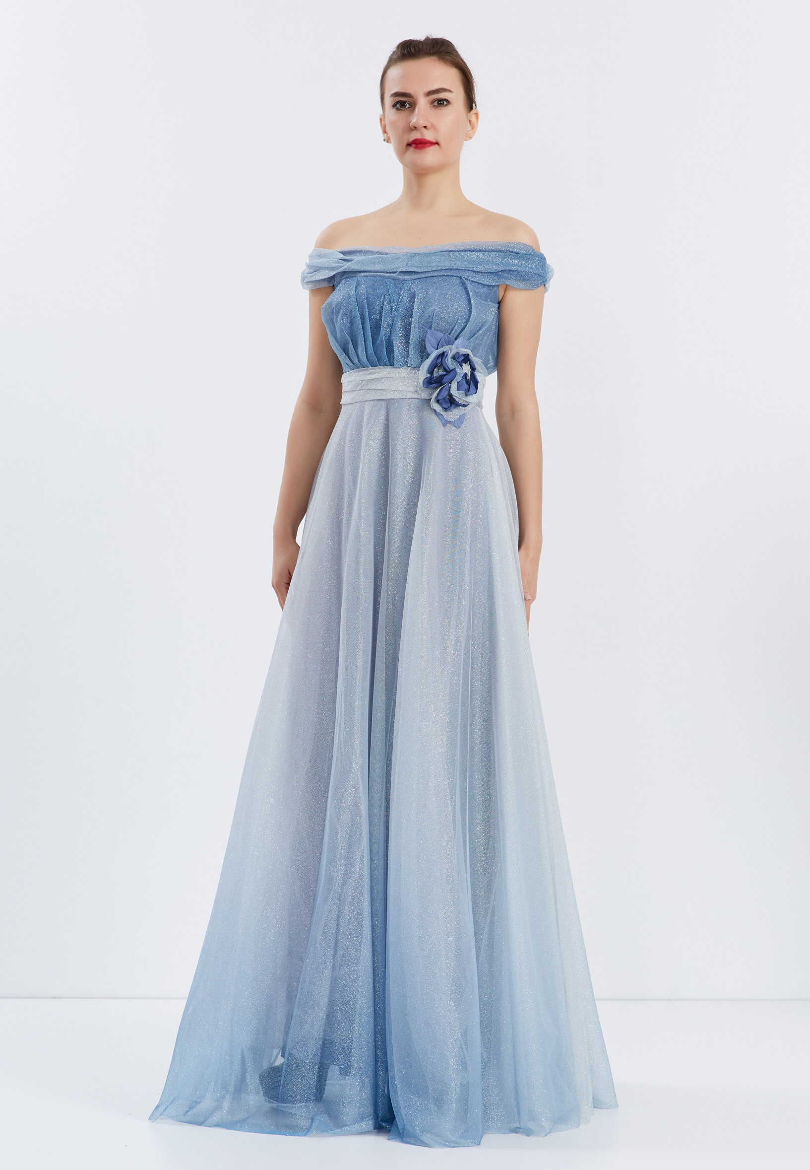 Off Shoulder Maxi Tulle A - Line Regular Prom Dress frc4512 - Image 3