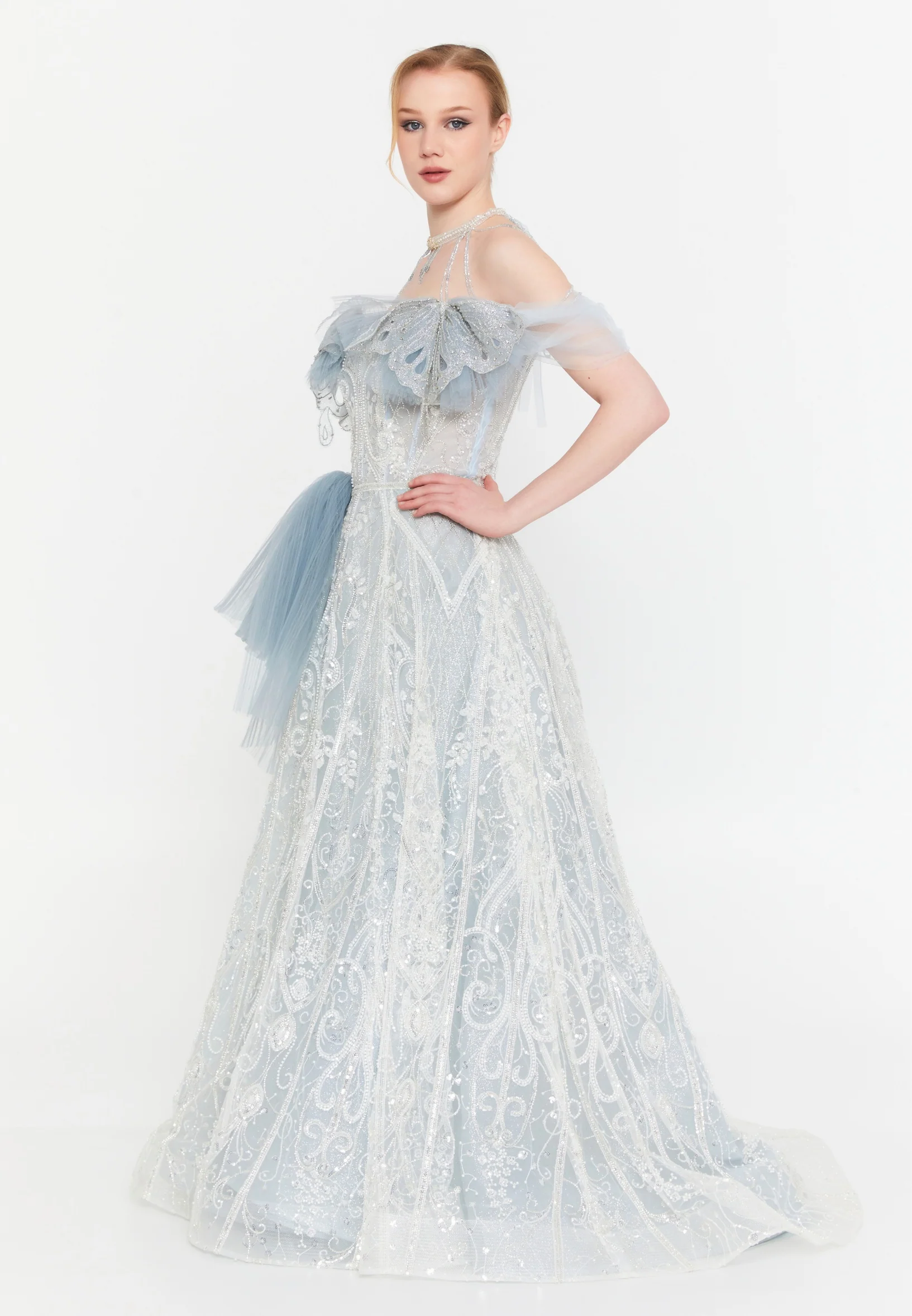 Off Shoulder Maxi Tulle A - Line Regular Prom Dress mtc04-25 - Image 3