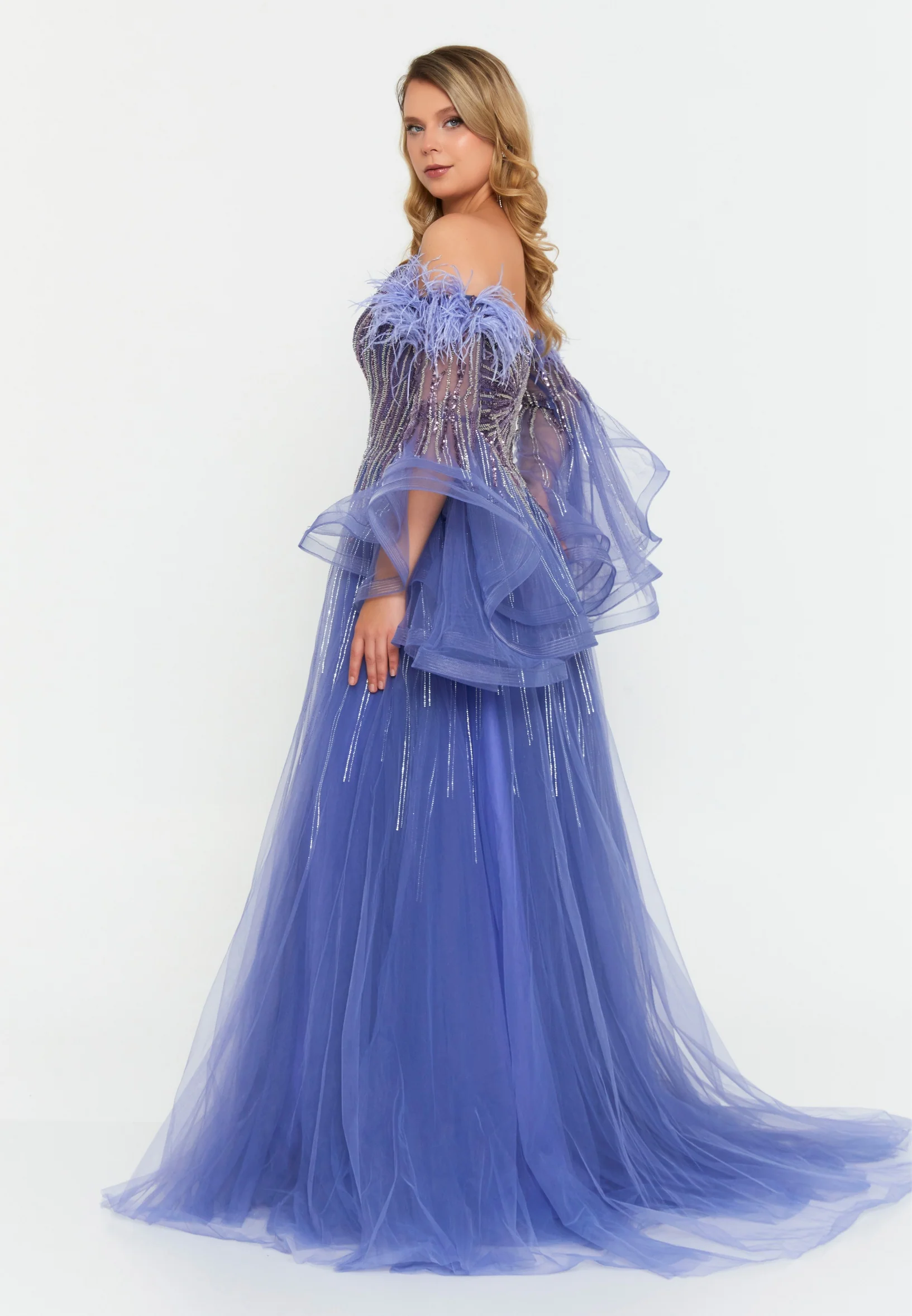 Off Shoulder Maxi Tulle A - Line Regular Prom Dress mtc04-36 - Image 3
