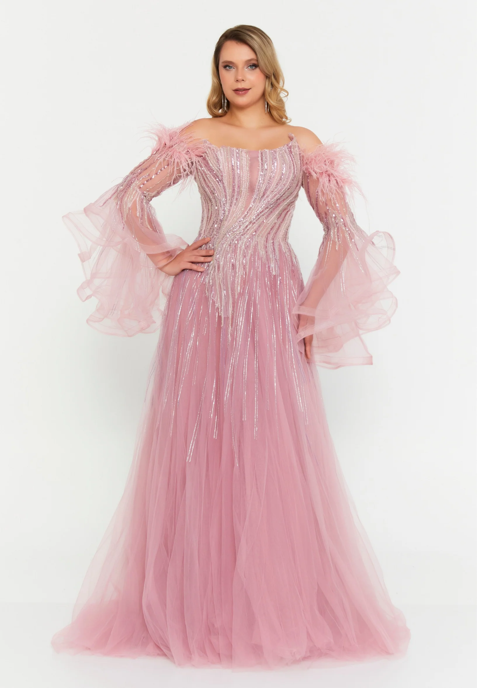 Off Shoulder Maxi Tulle A - Line Regular Prom Dress mtc04-36 - Image 9