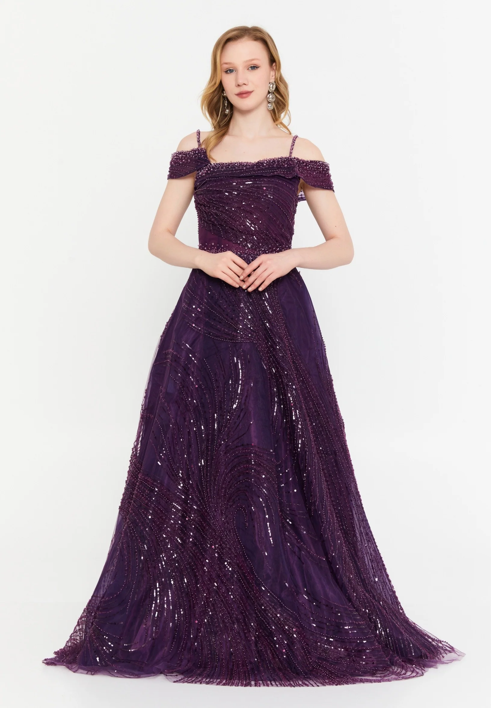 Off Shoulder Maxi Tulle A - Line Regular Prom Dress mtc2604 - Image 5