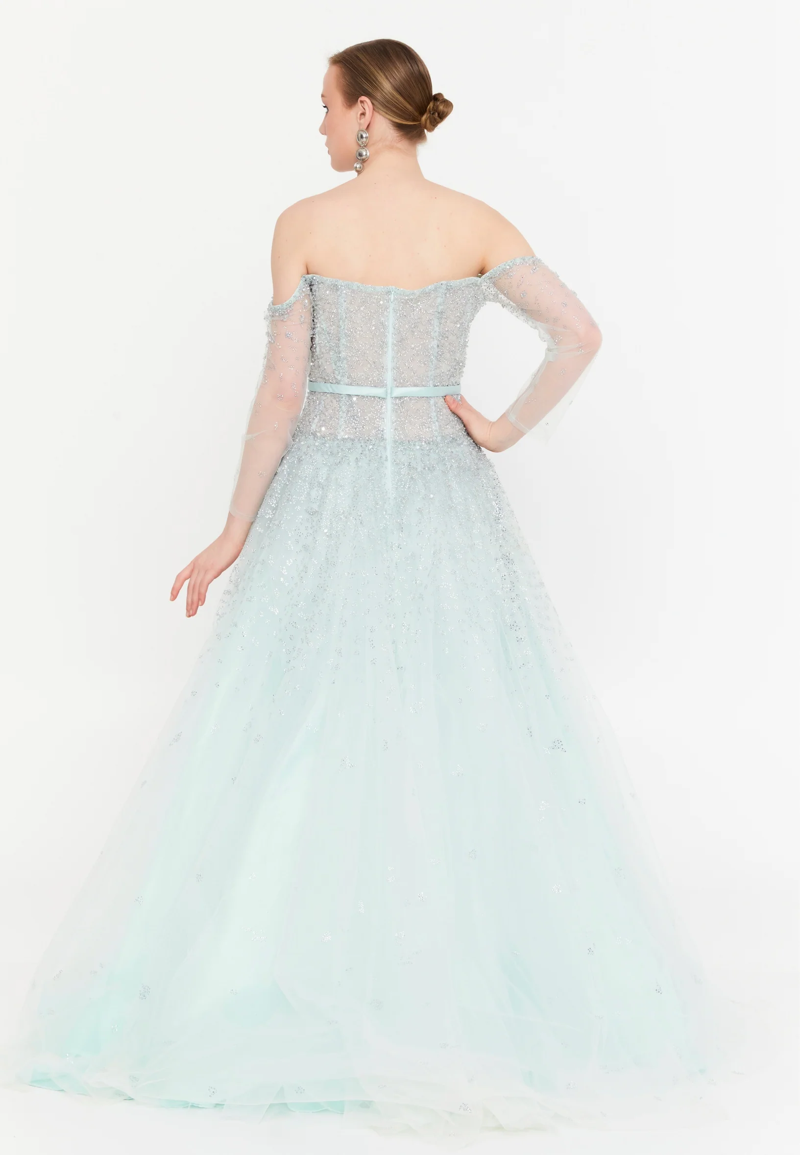 Off Shoulder Maxi Tulle A - Line Regular Prom Dress mtc2618 - Image 2