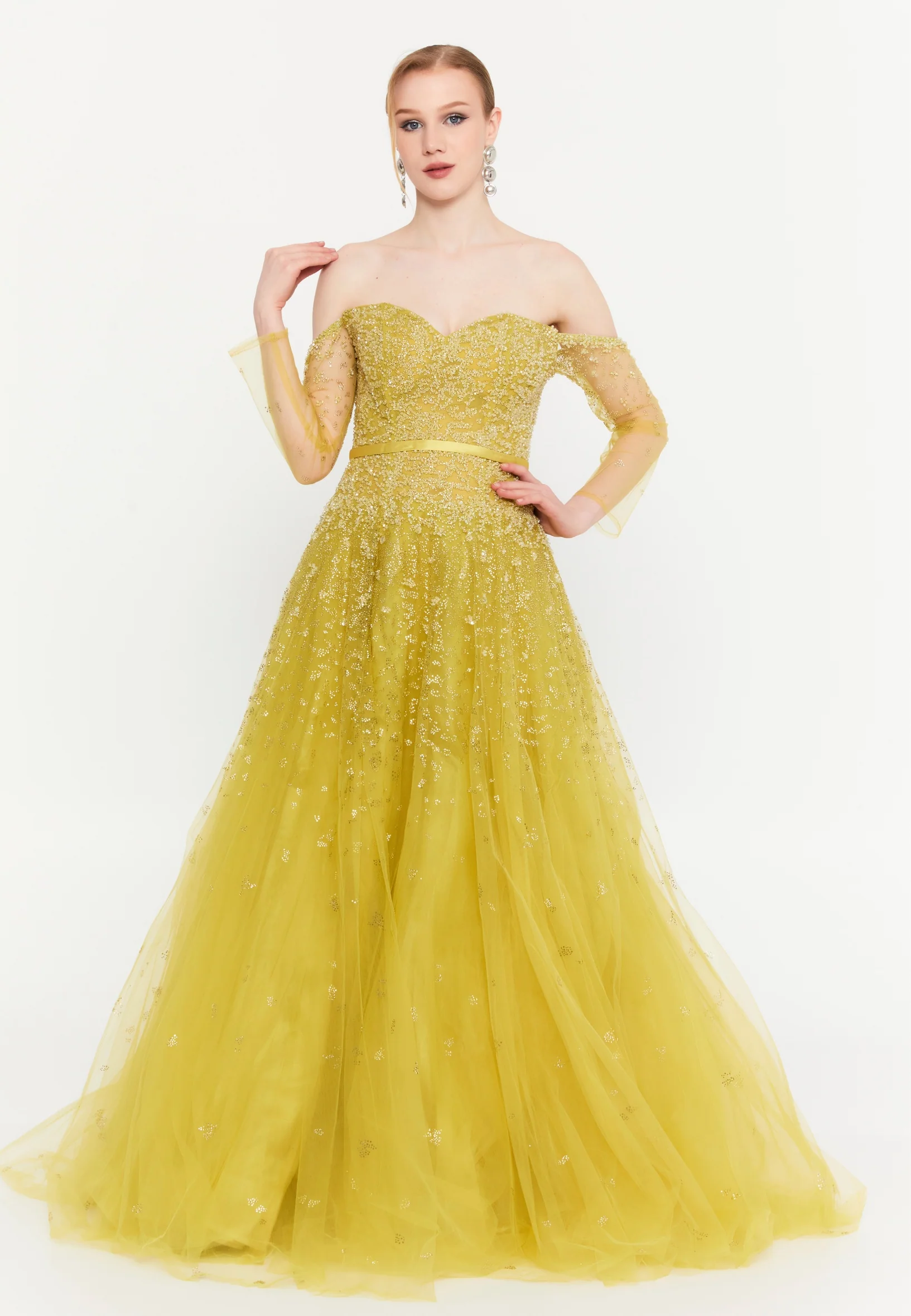 Off Shoulder Maxi Tulle A - Line Regular Prom Dress mtc2618 - Image 5