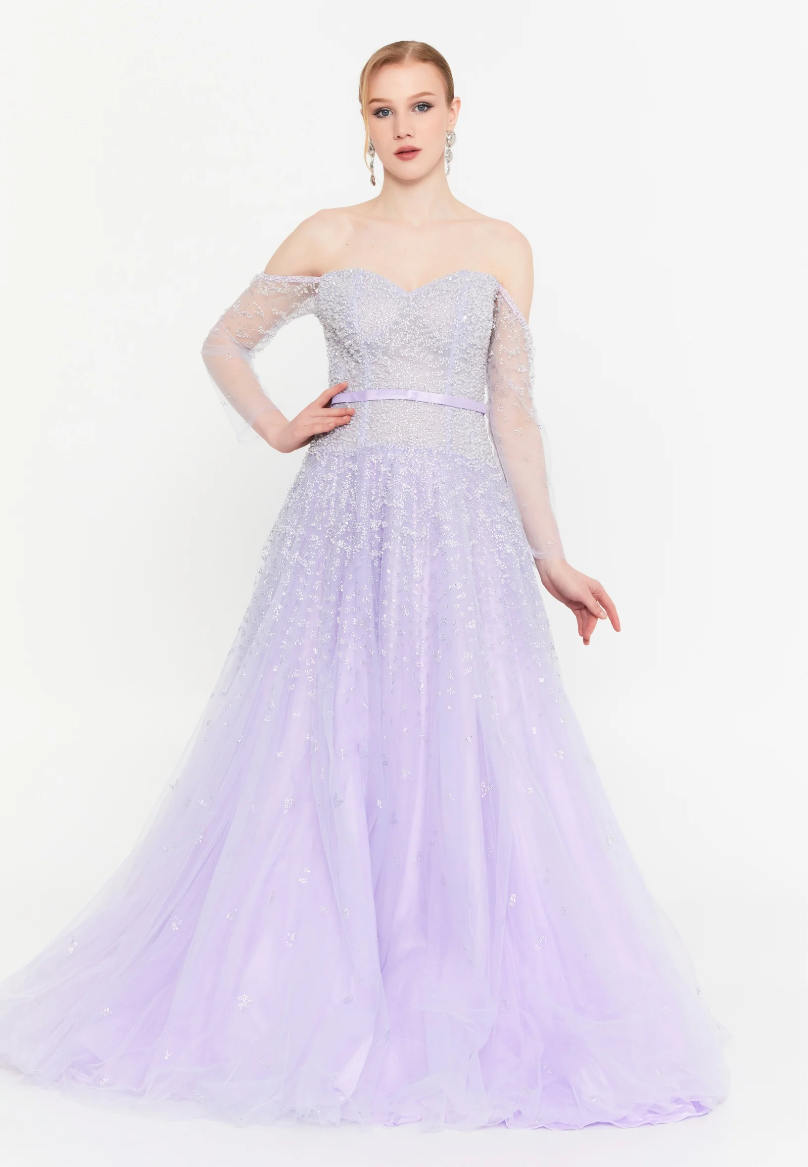 Off Shoulder Maxi Tulle A - Line Regular Prom Dress mtc2618 - Image 9