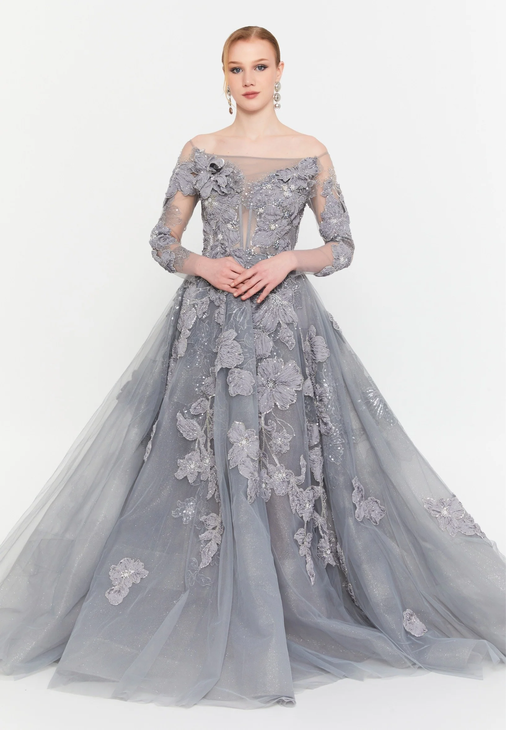 Off Shoulder Maxi Tulle A - Line Regular Prom Dress mtca+001