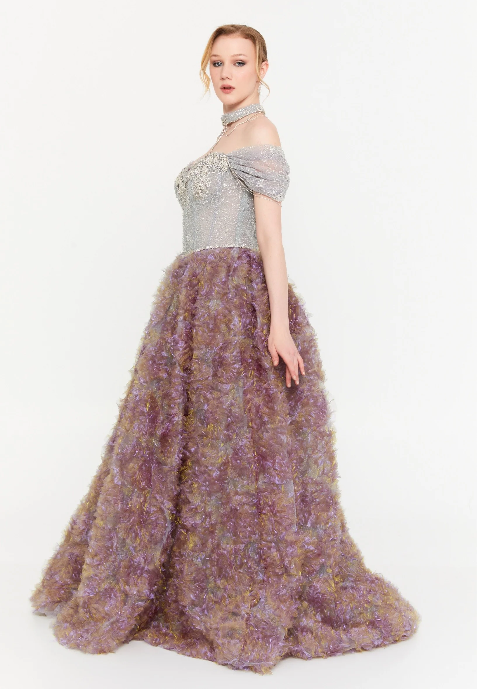 Off Shoulder Maxi Tulle A - Line Regular Prom Dress mtcmz03221 - Image 3