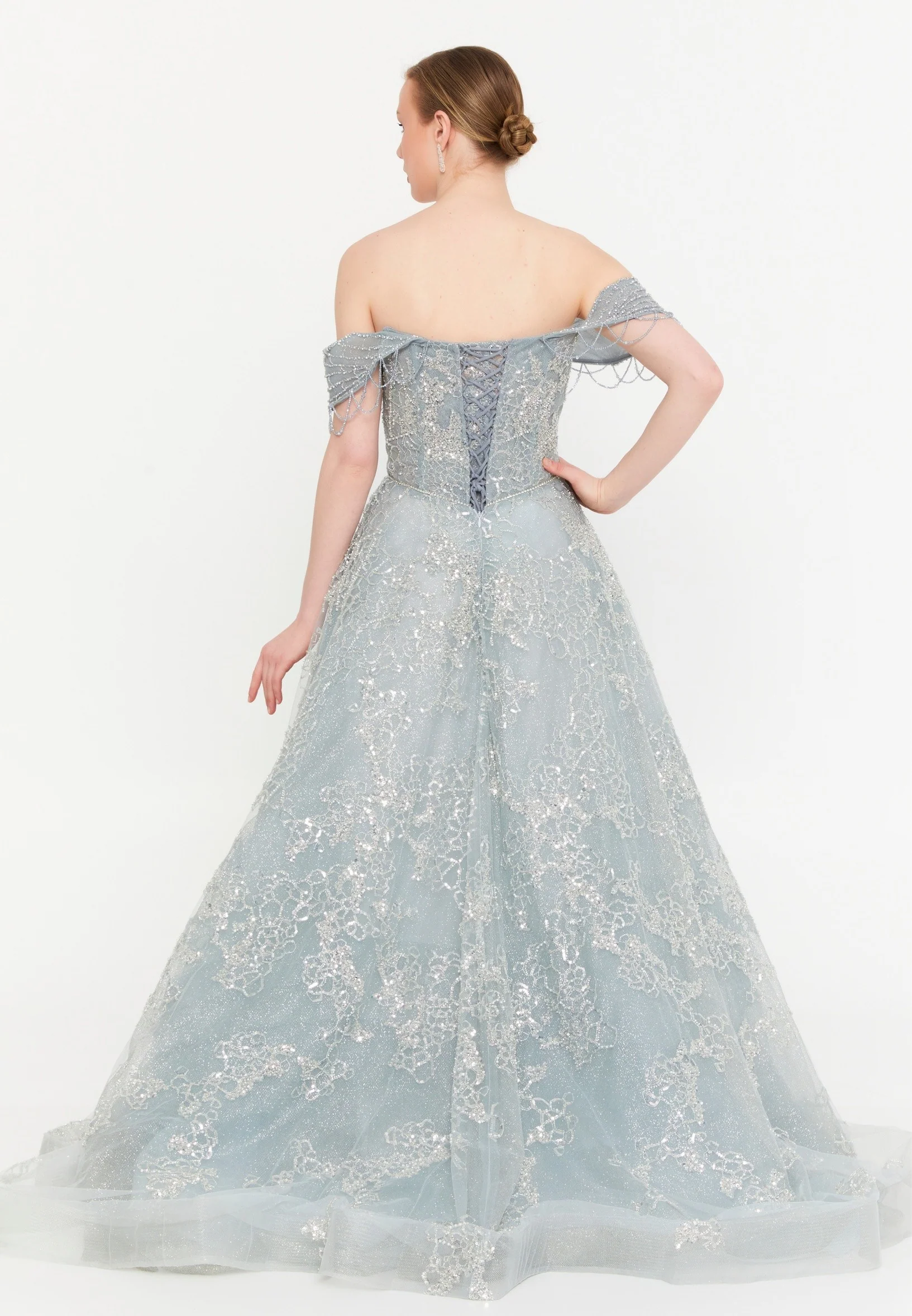 Off Shoulder Maxi Tulle A - Line Regular Prom Dress mtcmz03225 - Image 2