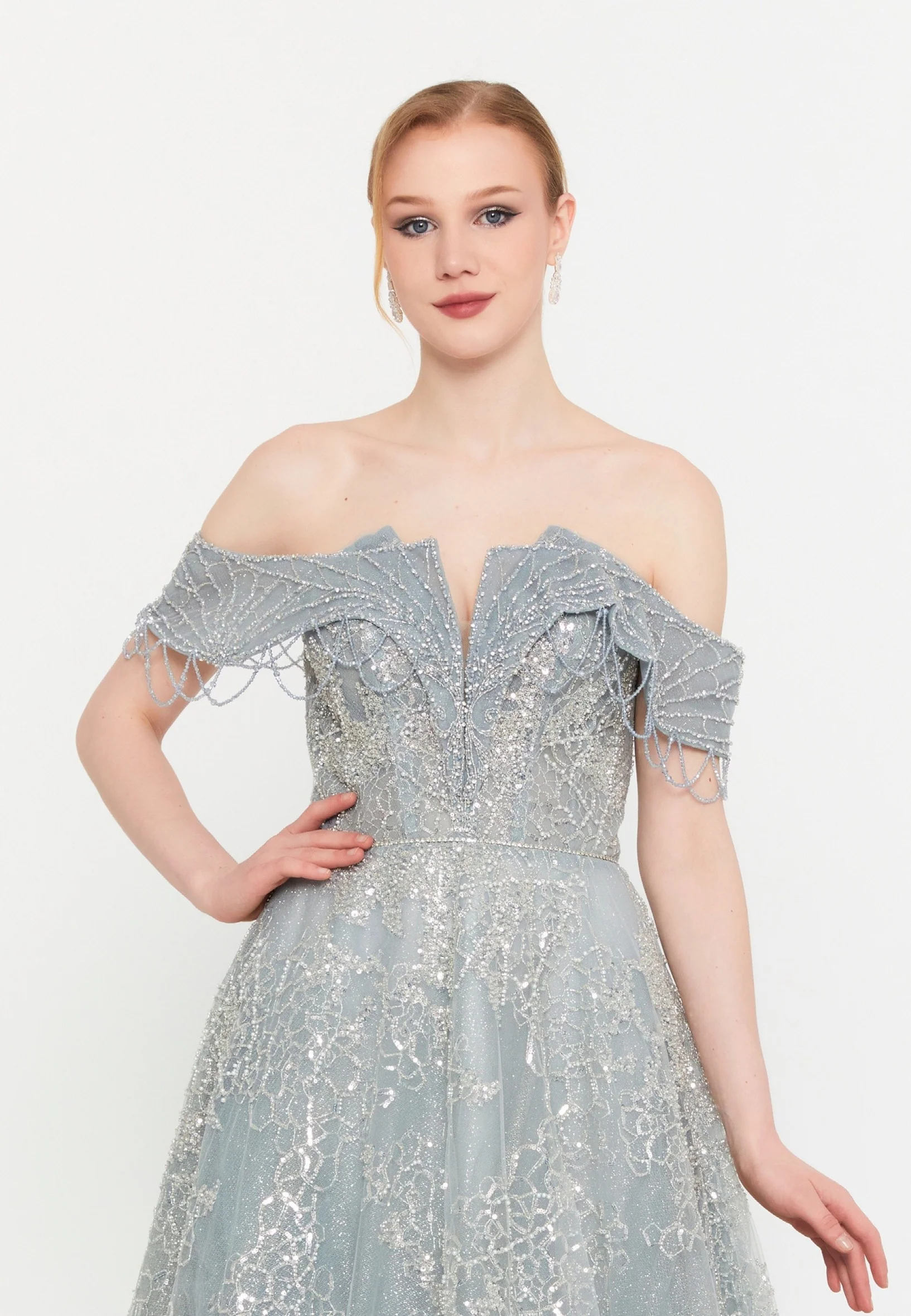Off Shoulder Maxi Tulle A - Line Regular Prom Dress mtcmz03225 - Image 4