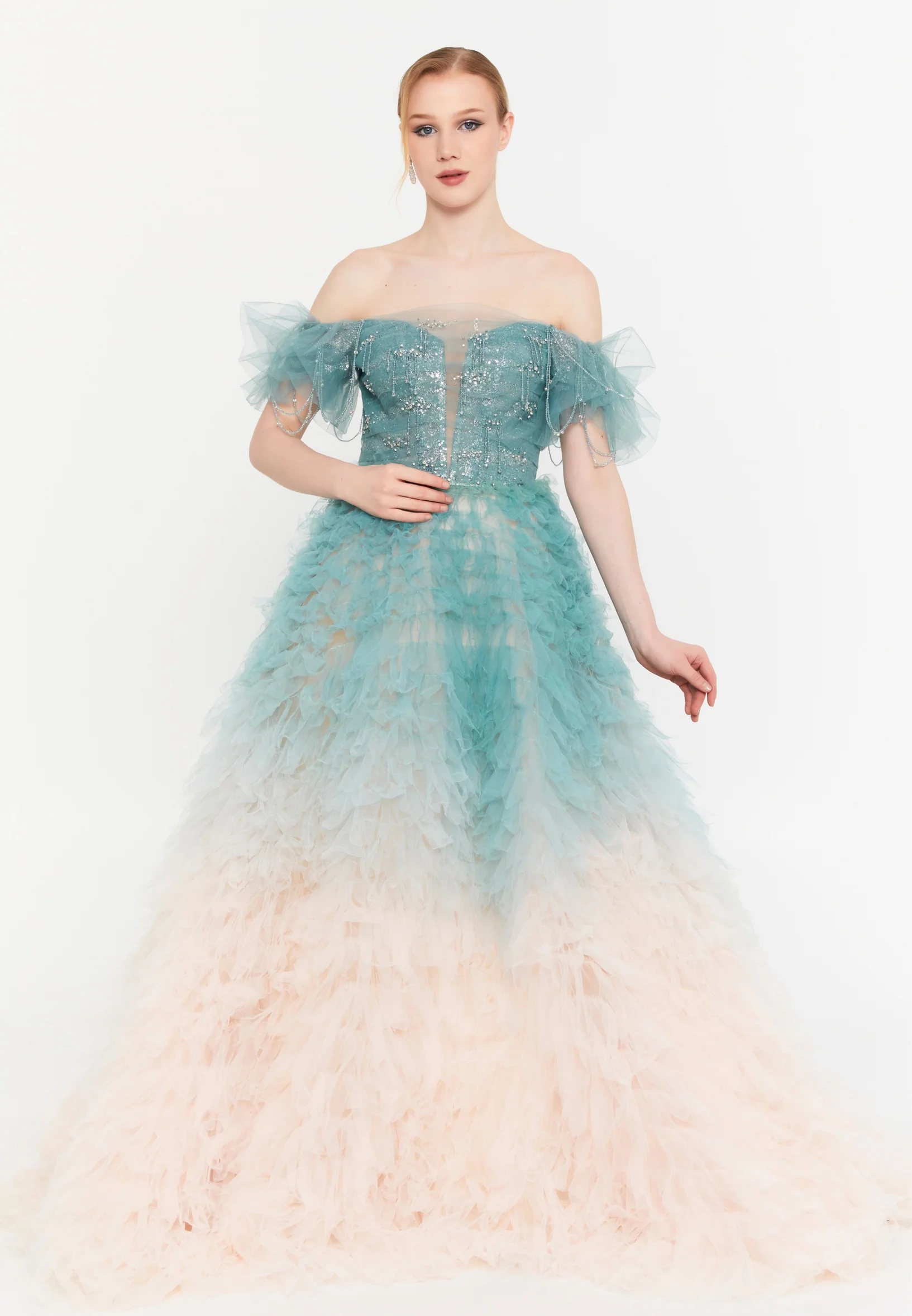 Off Shoulder Maxi Tulle A - Line Regular Prom Dress mtcmz03235