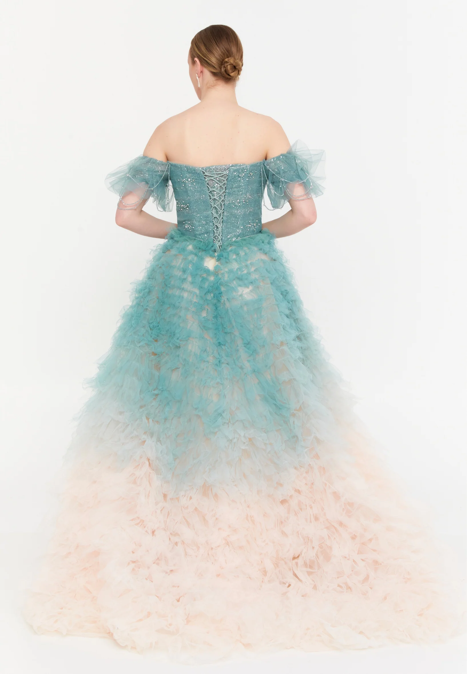 Off Shoulder Maxi Tulle A - Line Regular Prom Dress mtcmz03235 - Image 2