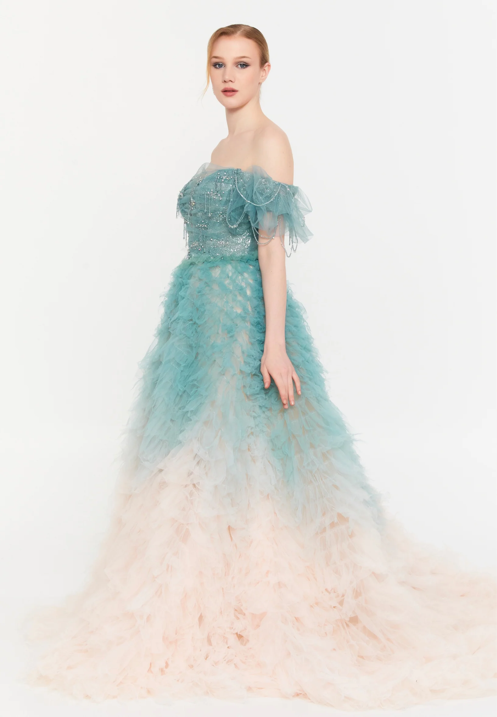 Off Shoulder Maxi Tulle A - Line Regular Prom Dress mtcmz03235 - Image 3