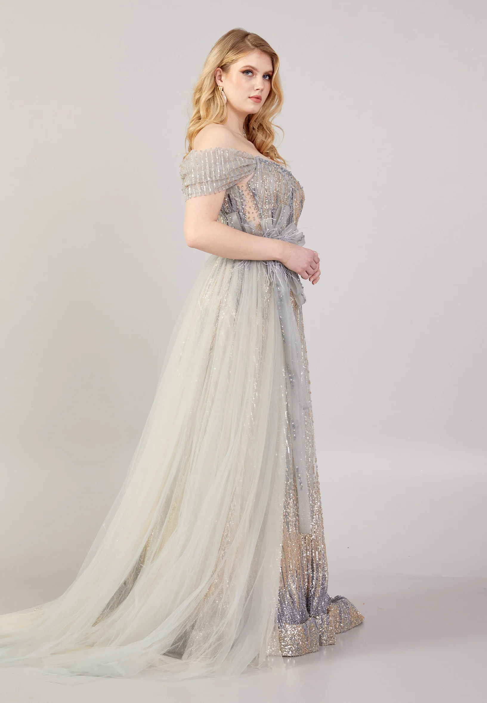 Off Shoulder Maxi Tulle A - Line Regular Prom Dress mti04-03 - Image 3