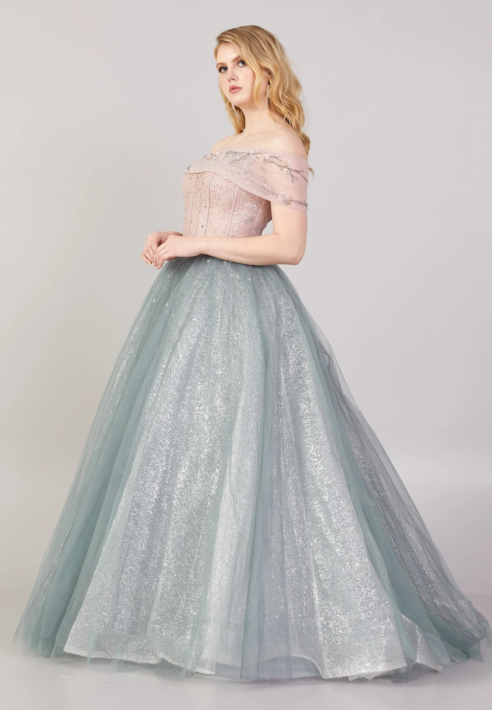 Off Shoulder Maxi Tulle A - Line Regular Prom Dress mti04-04 - Image 3