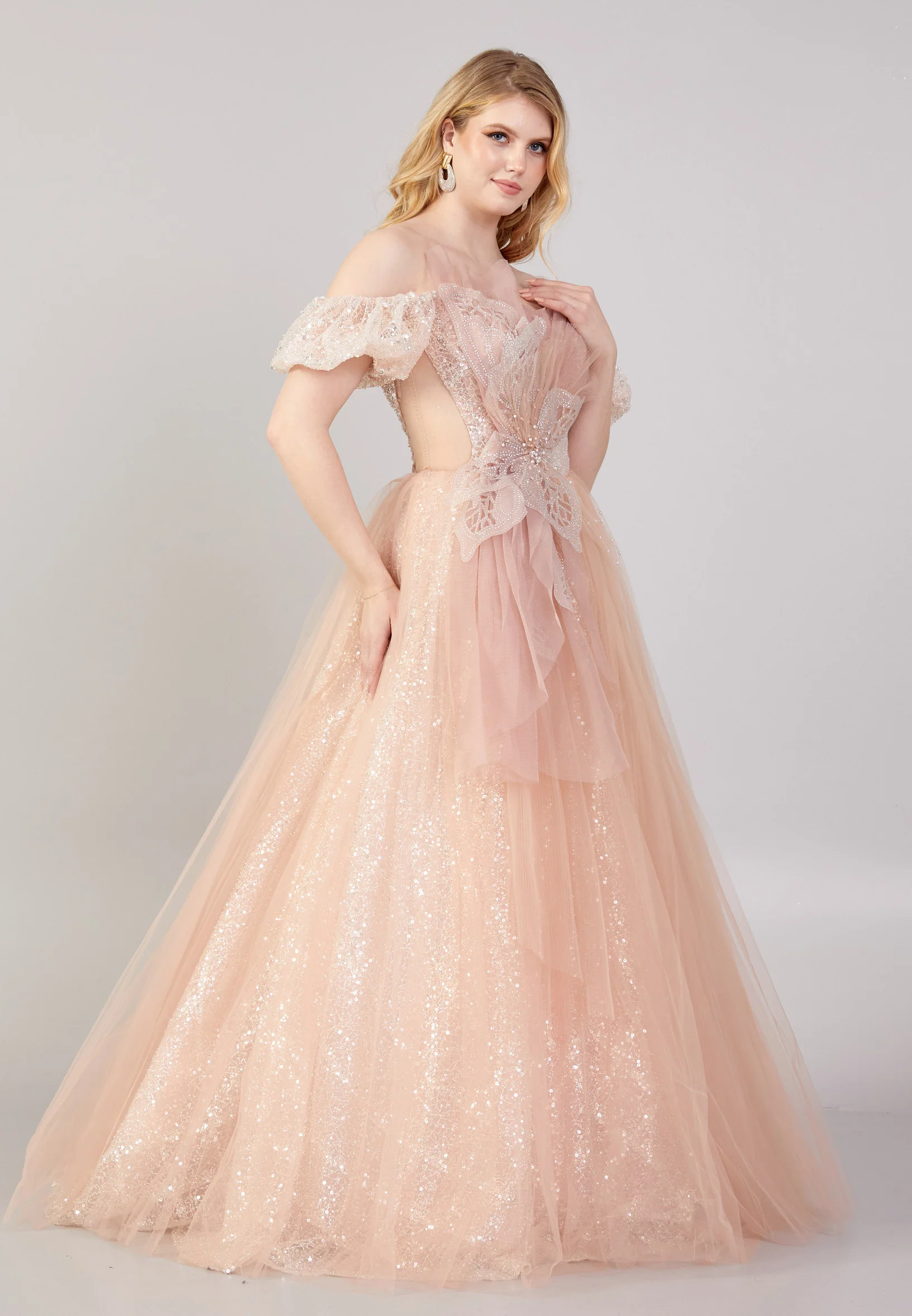 Off Shoulder Maxi Tulle A - Line Regular Prom Dress mti04-07 - Image 3