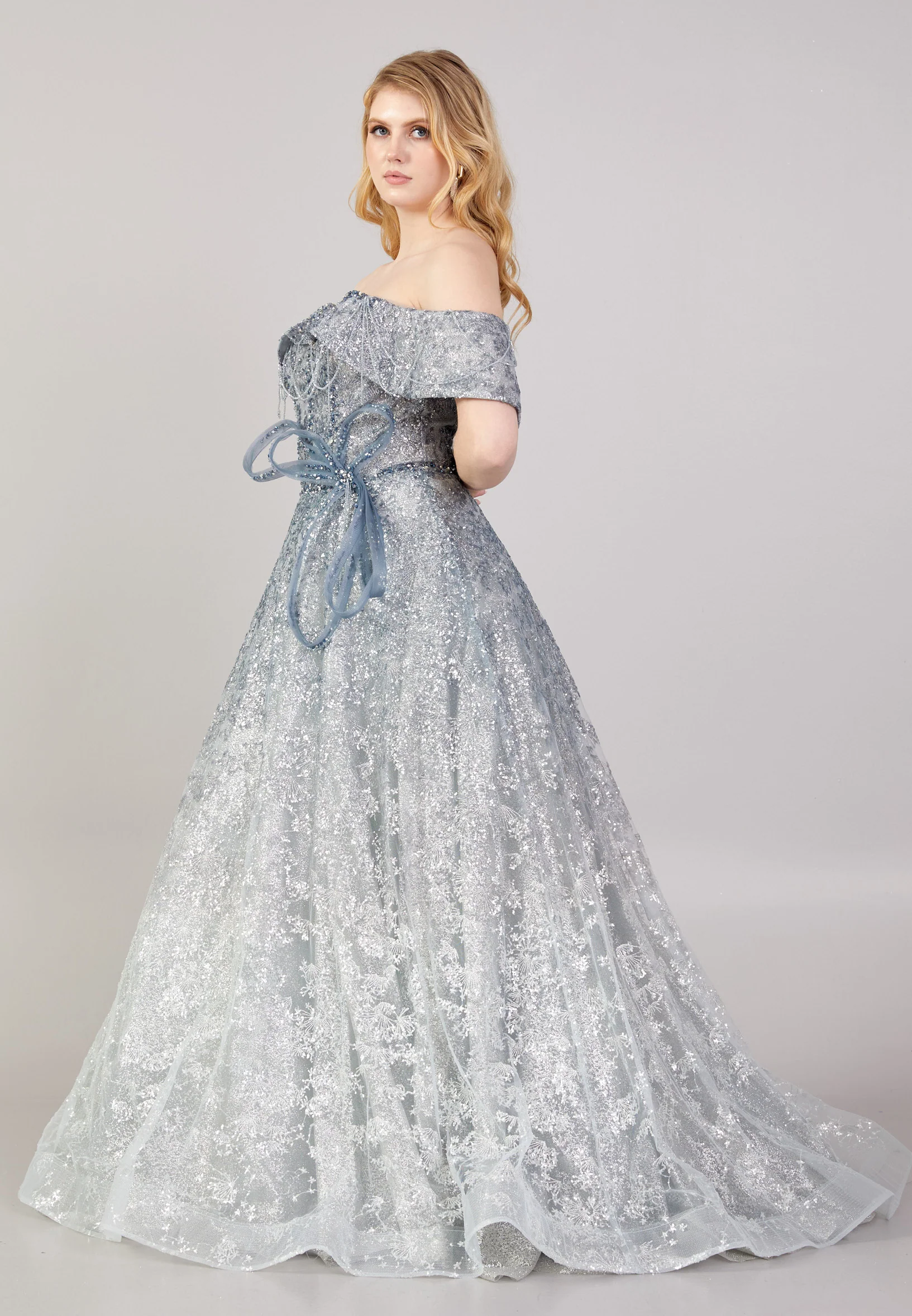 Off Shoulder Maxi Tulle A - Line Regular Prom Dress mti04-10 - Image 3