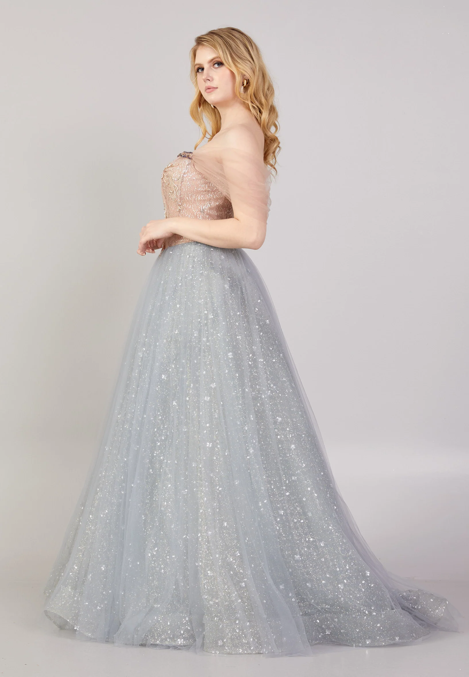 Off Shoulder Maxi Tulle A - Line Regular Prom Dress mti04-11 - Image 3