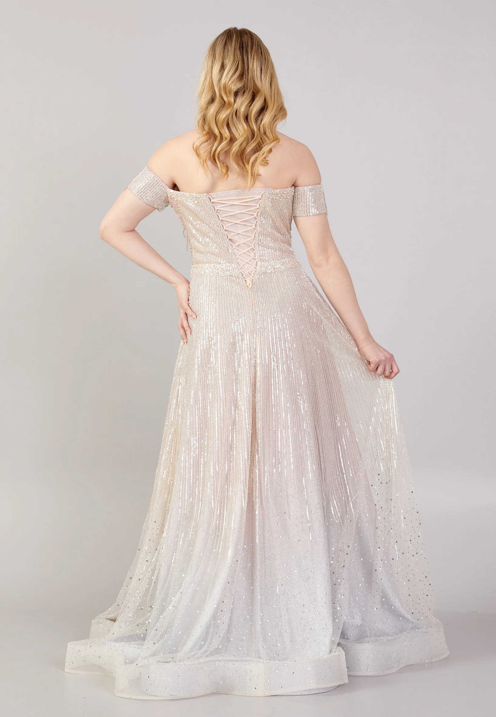 Off Shoulder Maxi Tulle A - Line Regular Prom Dress mti04-14 - Image 2