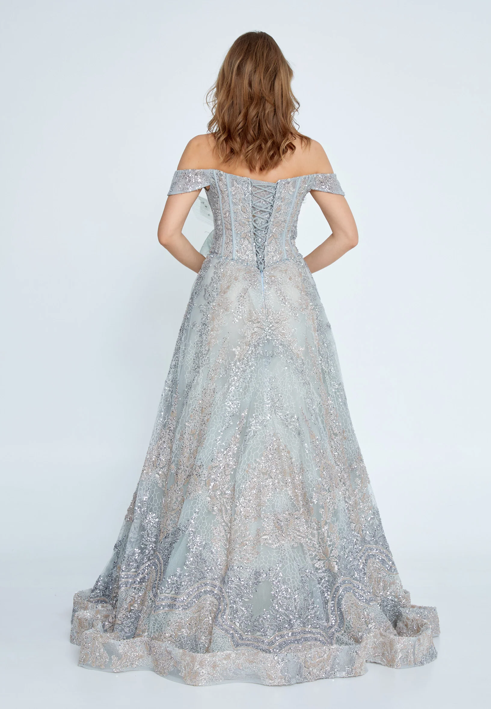 Off Shoulder Maxi Tulle A - Line Regular Prom Dress mti04-19 - Image 2