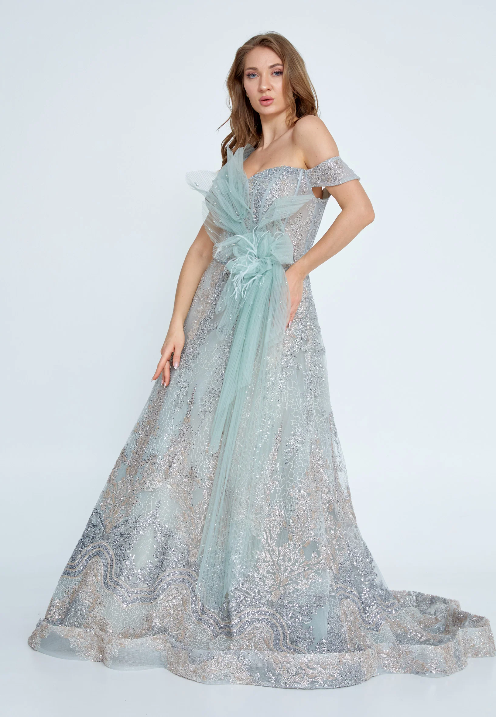 Off Shoulder Maxi Tulle A - Line Regular Prom Dress mti04-19 - Image 3