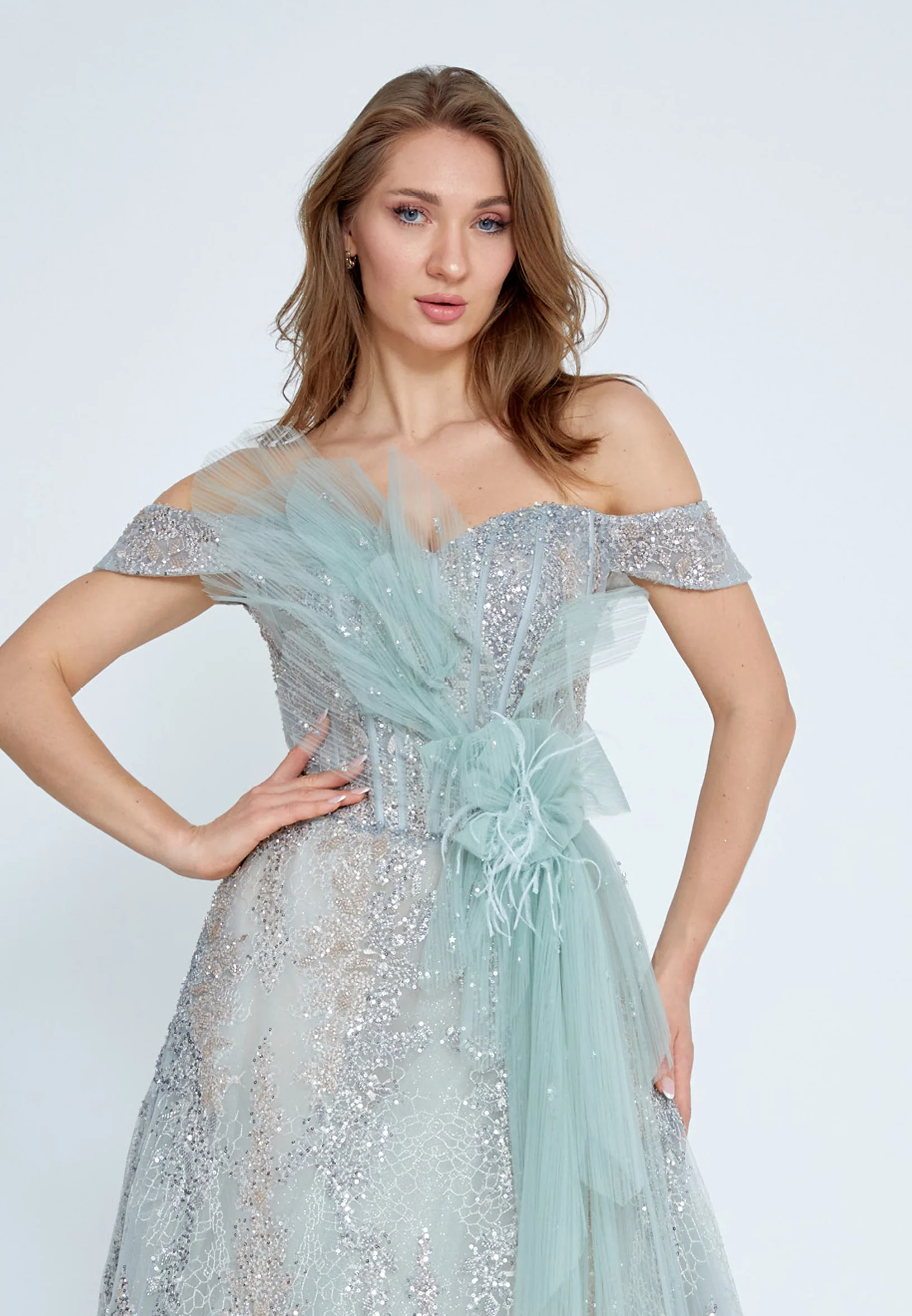 Off Shoulder Maxi Tulle A - Line Regular Prom Dress mti04-19 - Image 4
