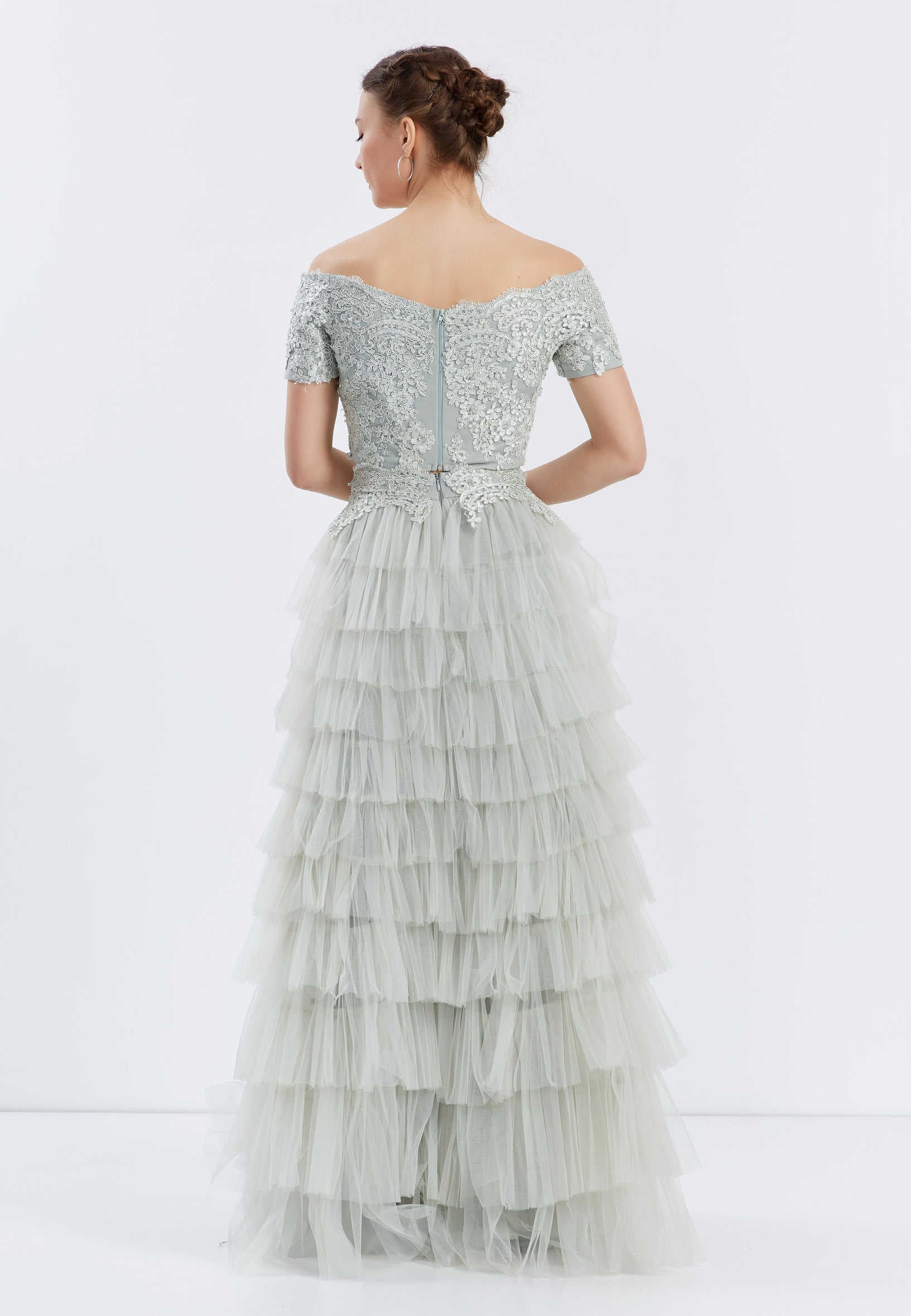 Off Shoulder Maxi Tulle A - Line Regular Prom Dress oli00547 - Image 6