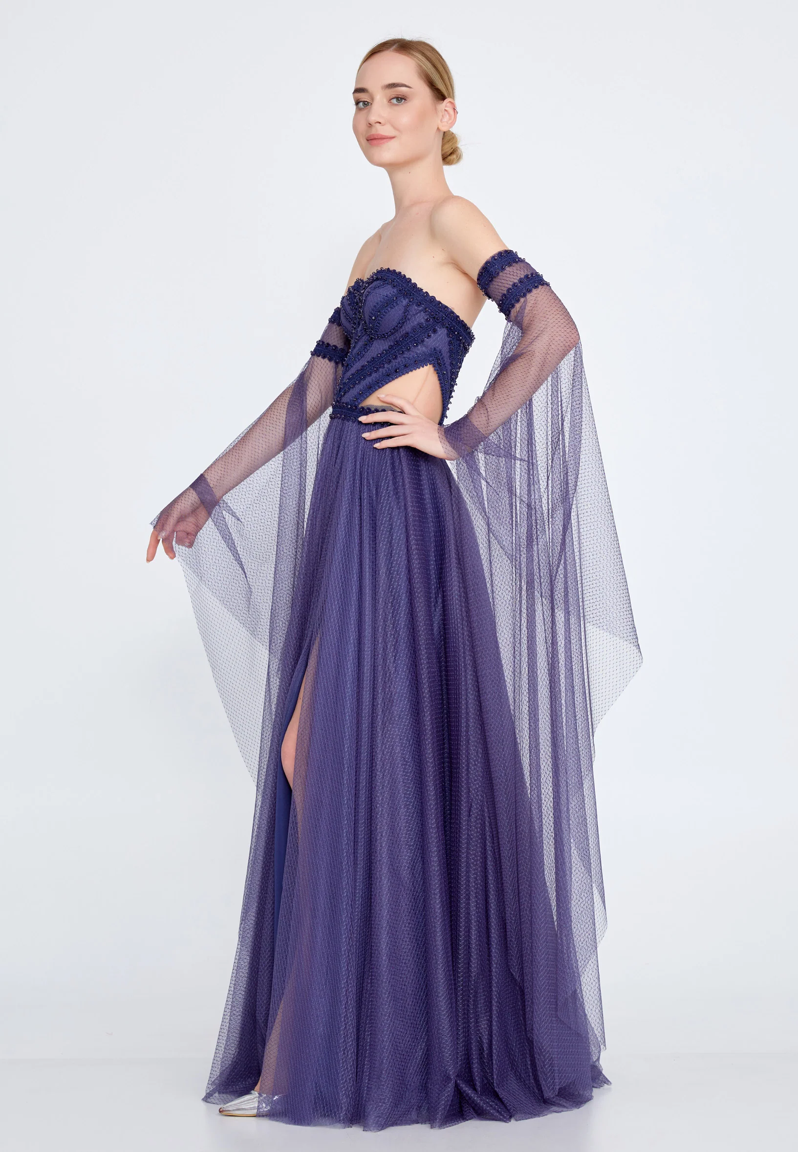 Off Shoulder Maxi Tulle A - Line Regular Prom Dress omn358 - Image 3